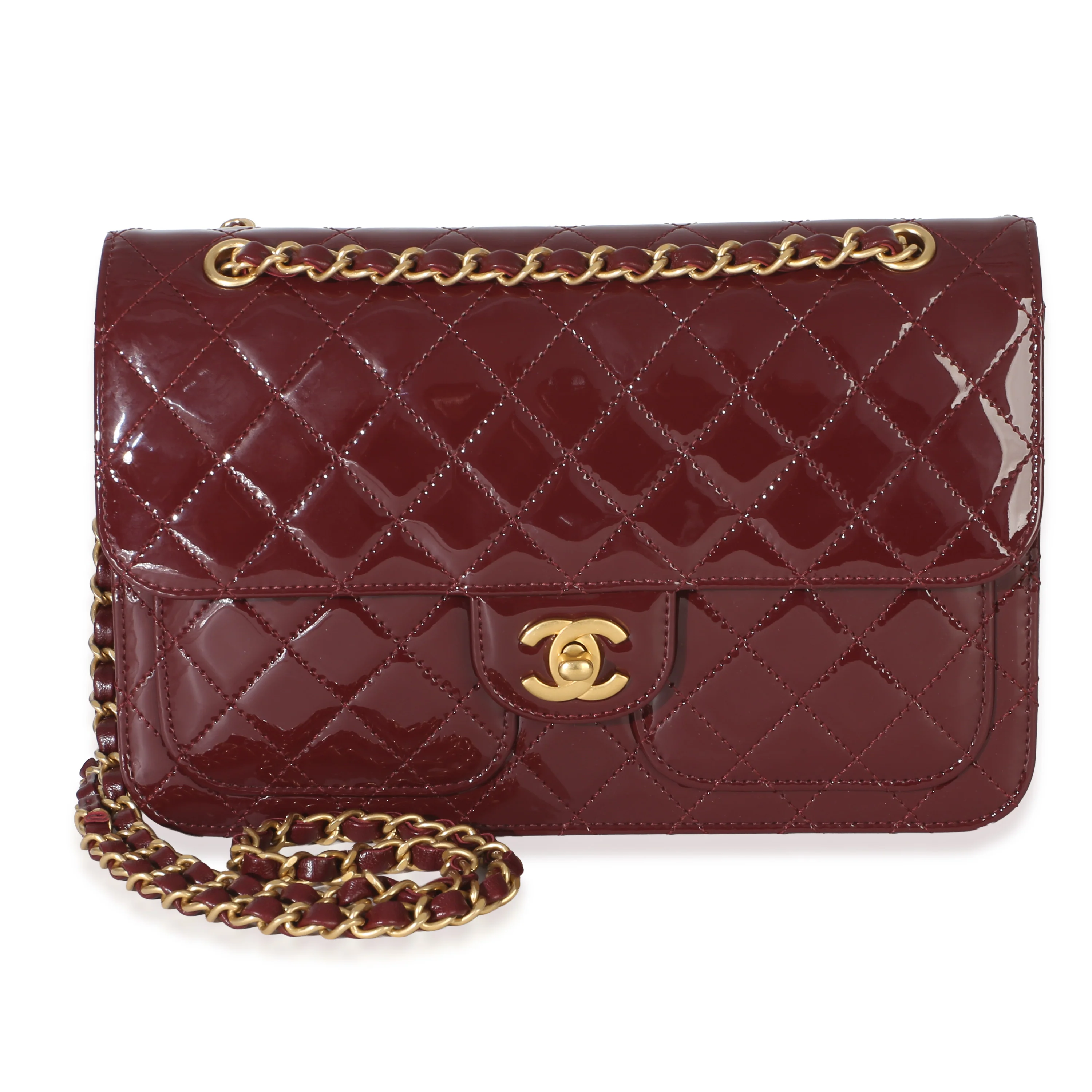 25B Burgundy Quilted Patent Double Pocket Flap Bag