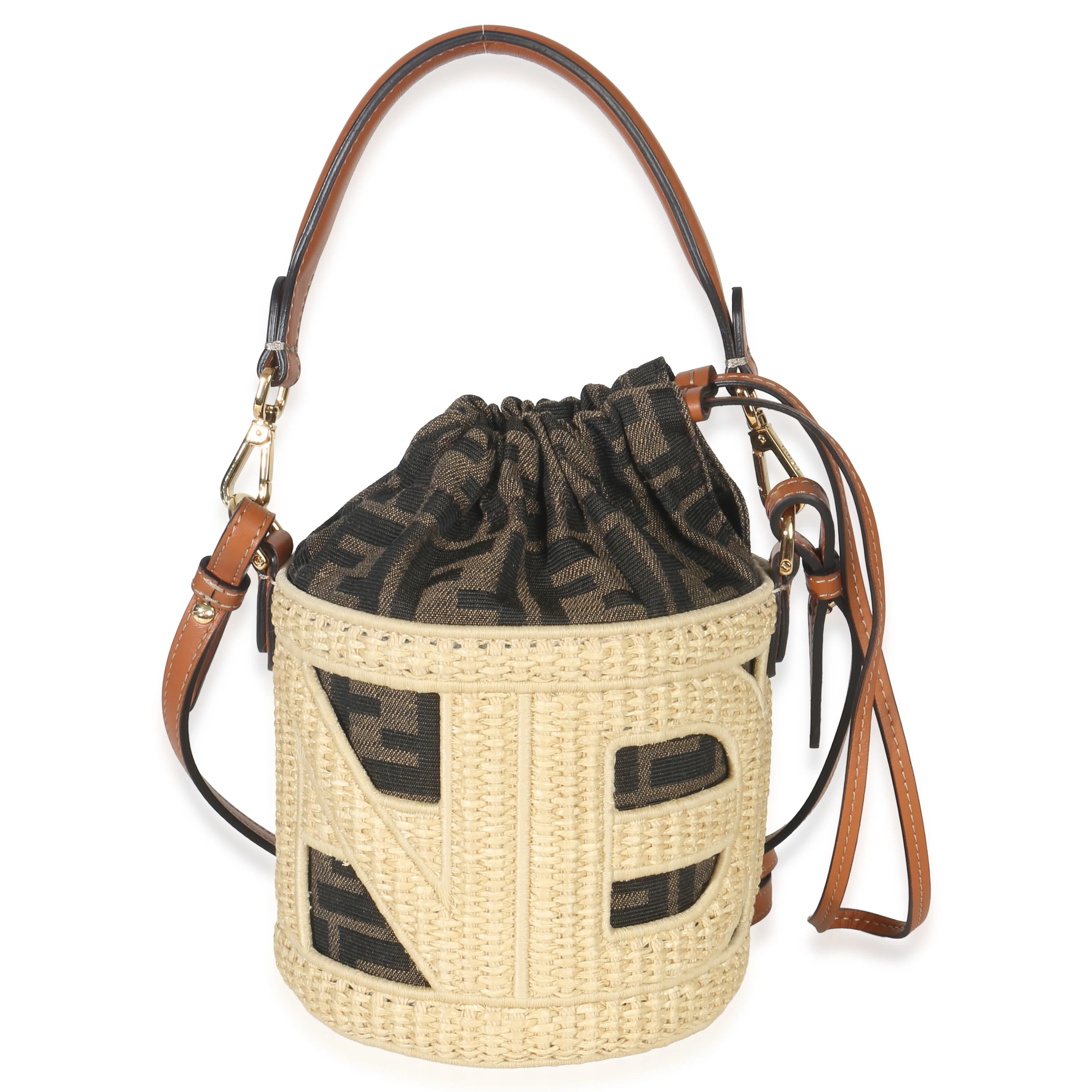 Beige Brown Raffia Zucca Canvas FF Step Out Bucket Bag