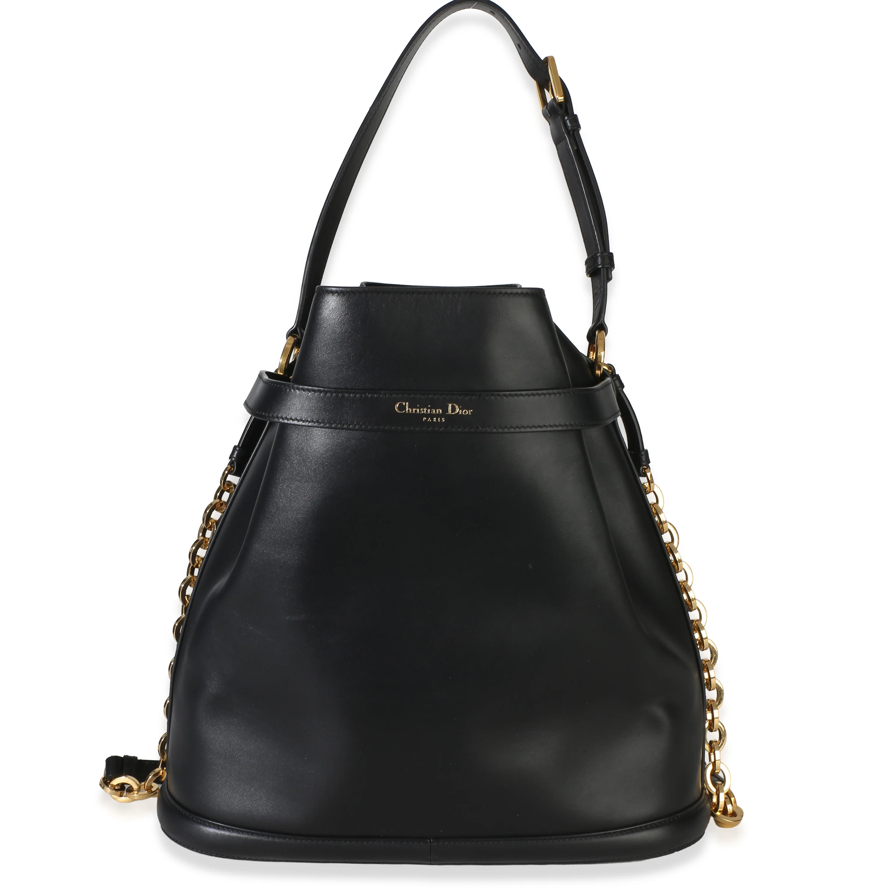 Black Calfskin CD Embossed Large Cest Chain Bucket Bag