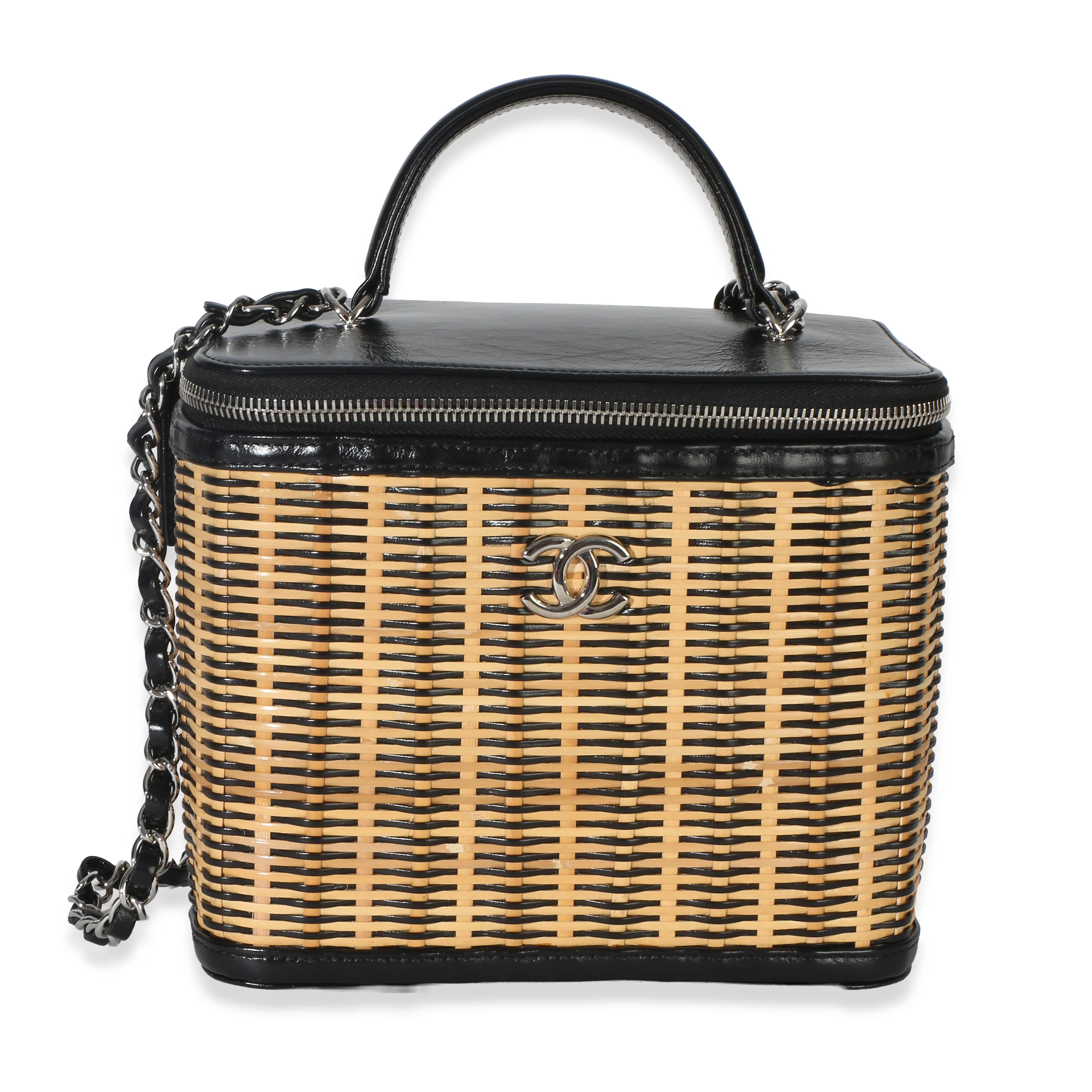 Black Calfskin Rattan Medium Take Away Vanity Case With Chain