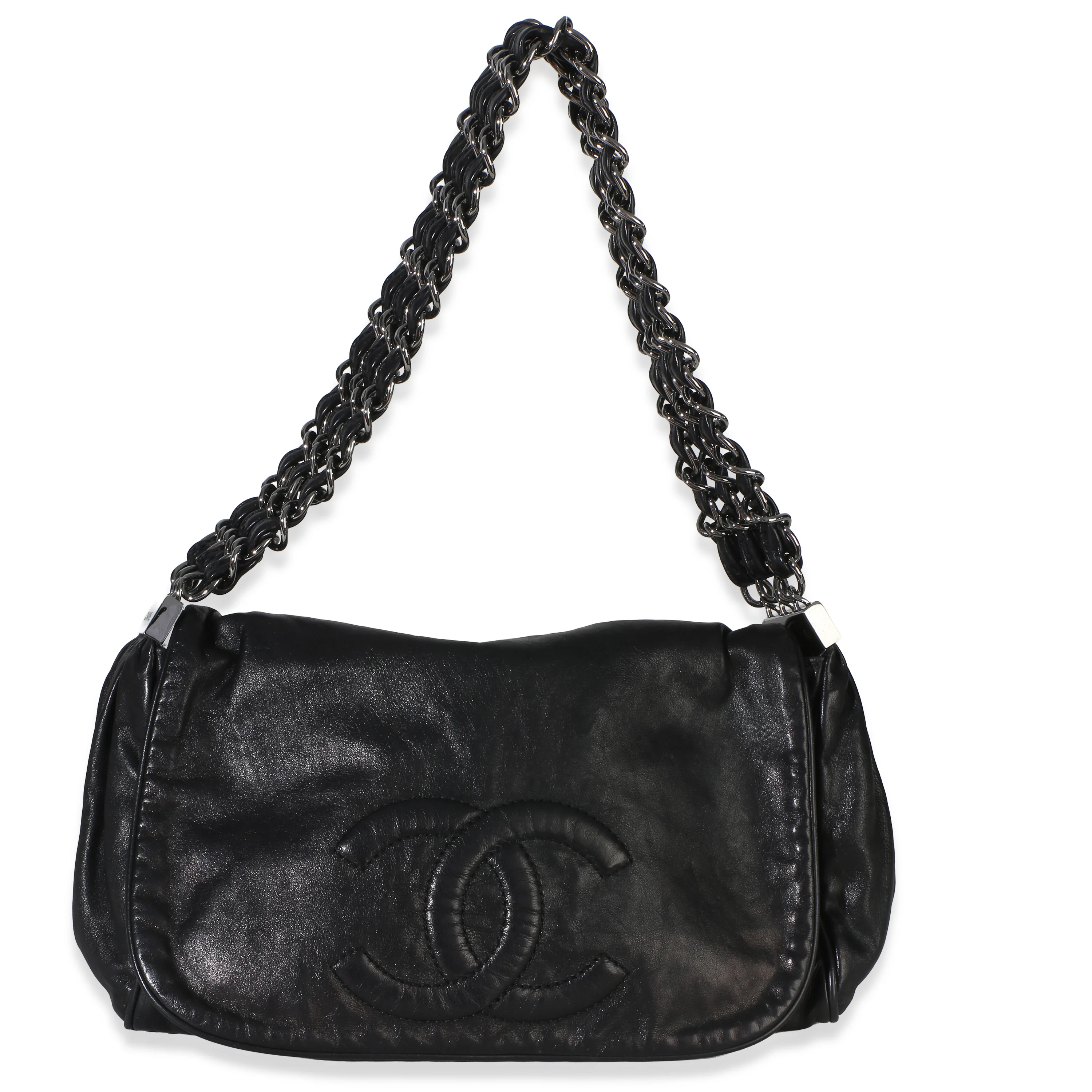 Black Calfskin Small Rock and Chain Flap Bag