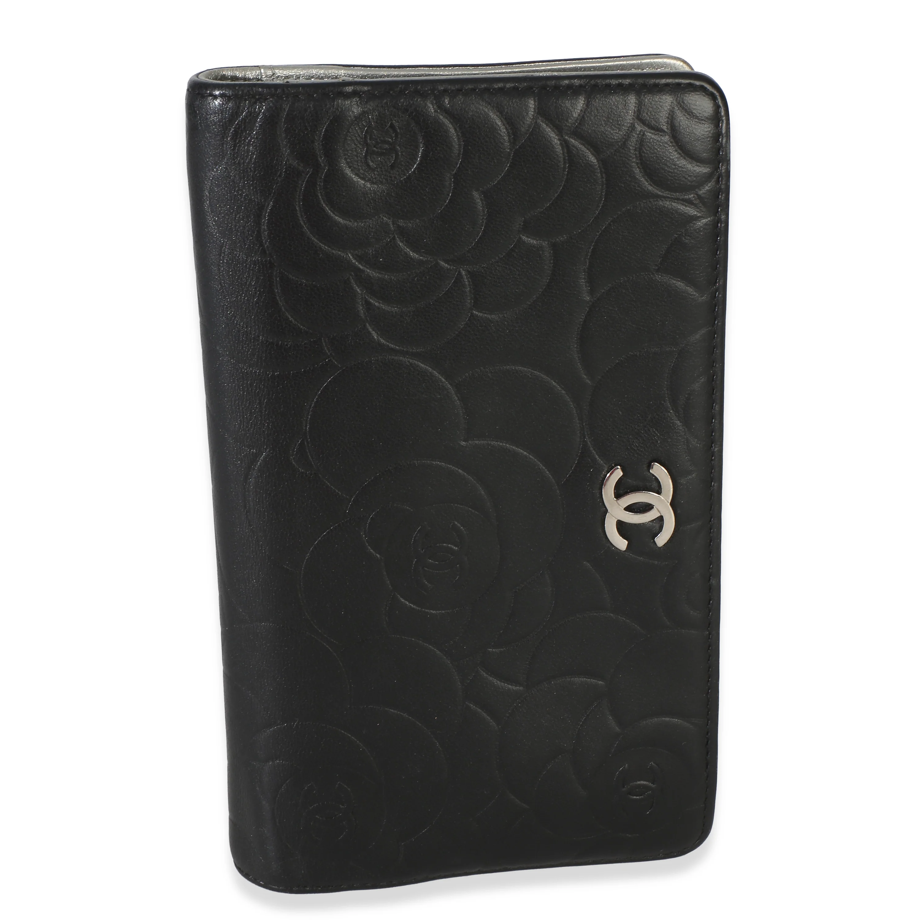 Black Camellia Embossed Lambskin Yen Wallet