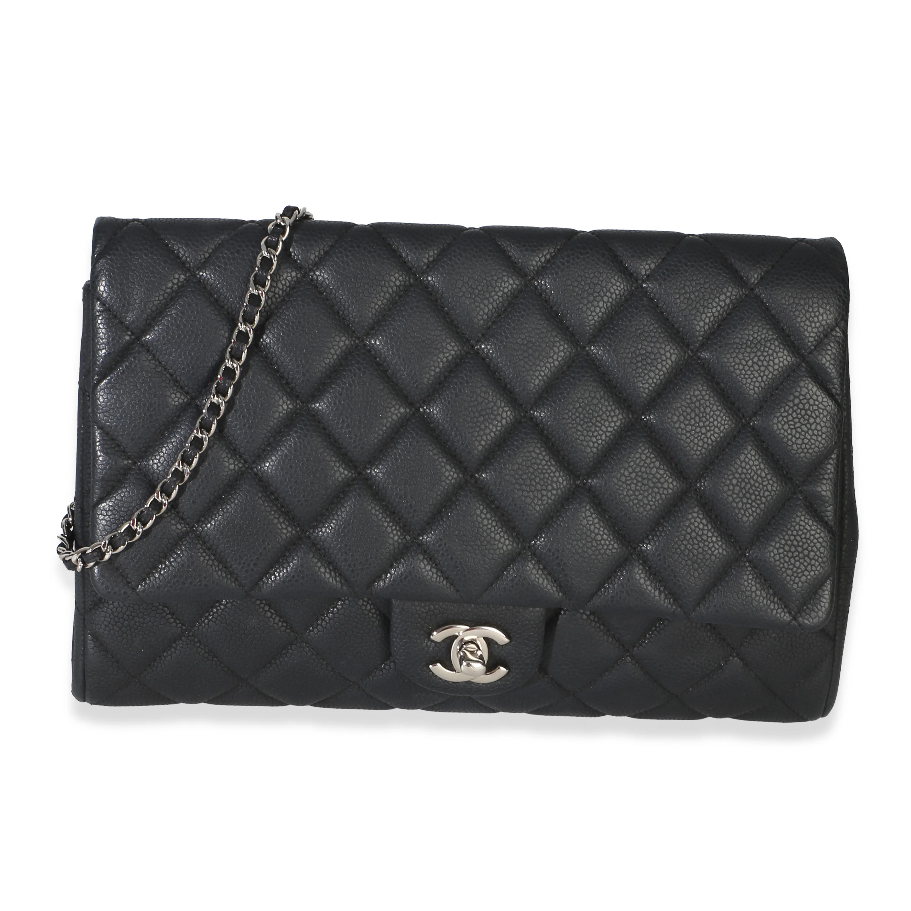 Black Quilted Caviar Clutch On Chain