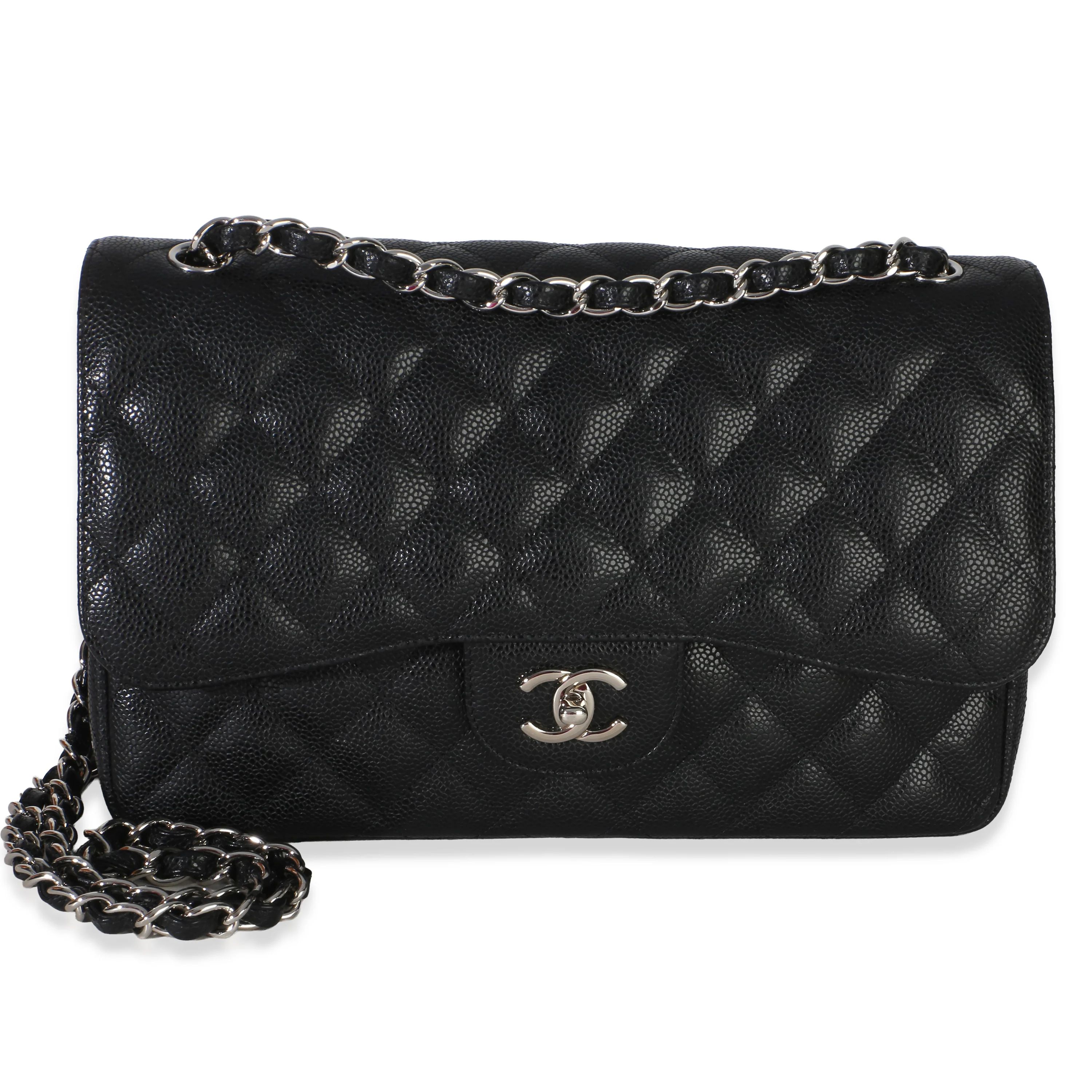 Black Quilted Caviar Jumbo Double Flap Handbag