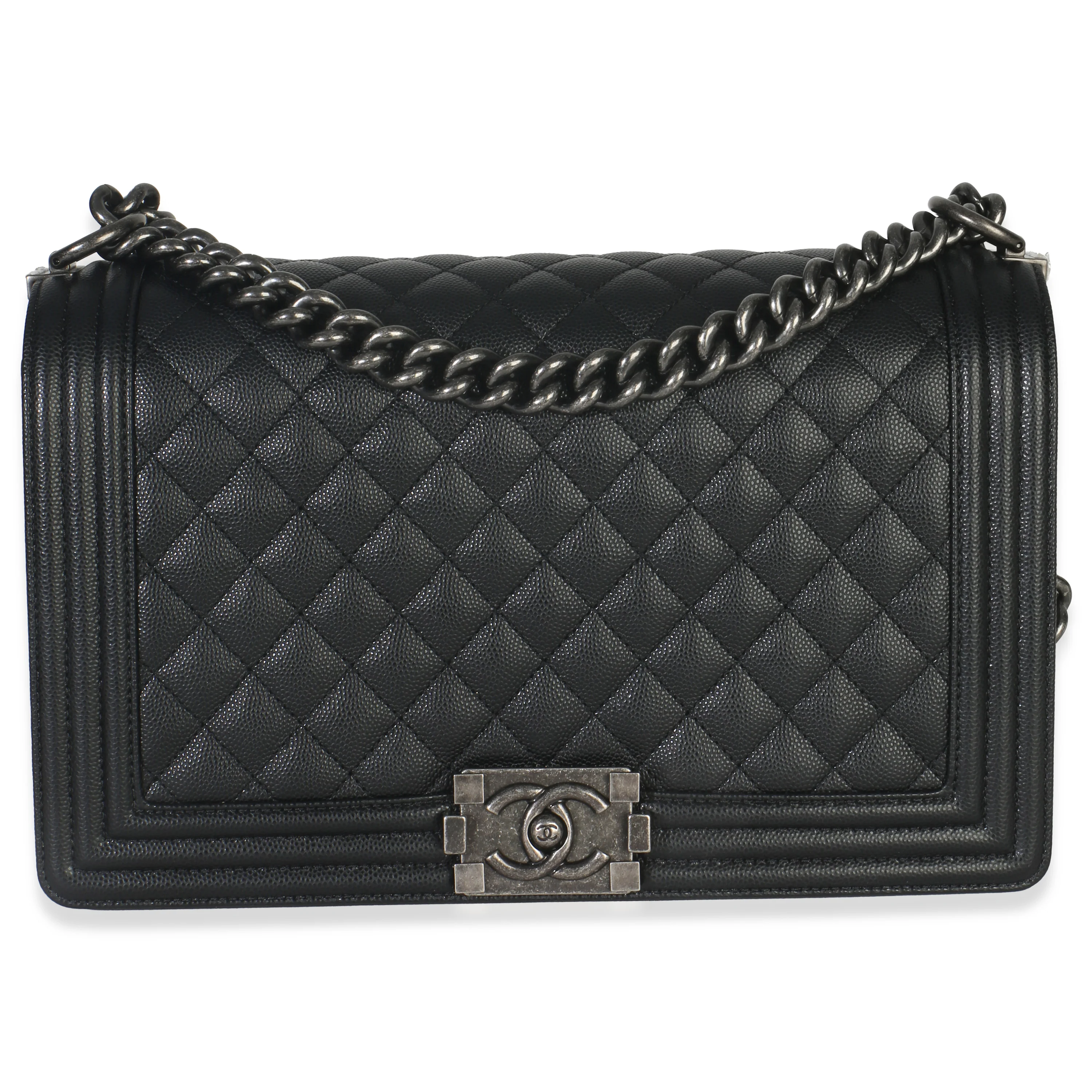Black Quilted Caviar Large Boy Handbag