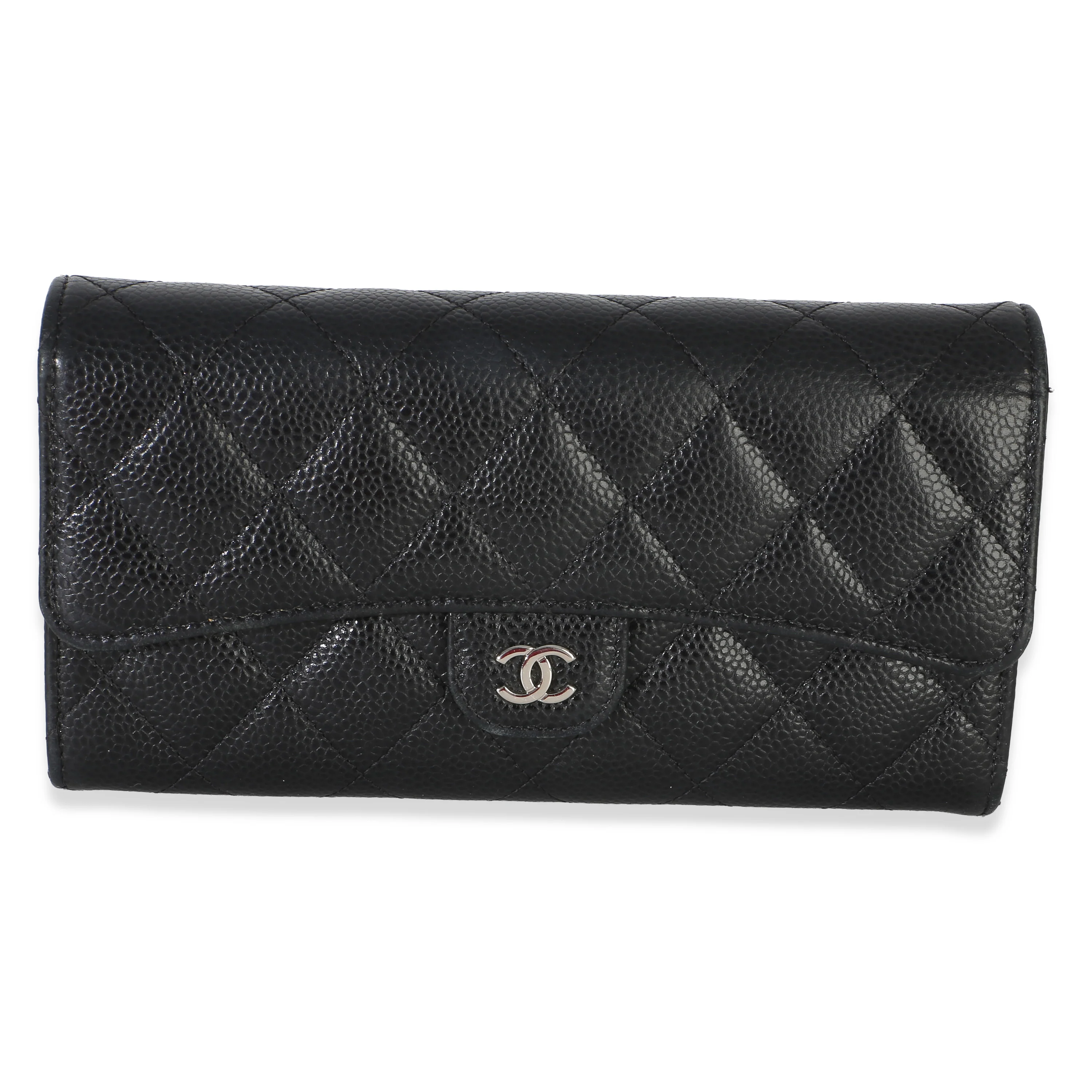 Black Quilted Caviar Large Gusset Flap Wallet