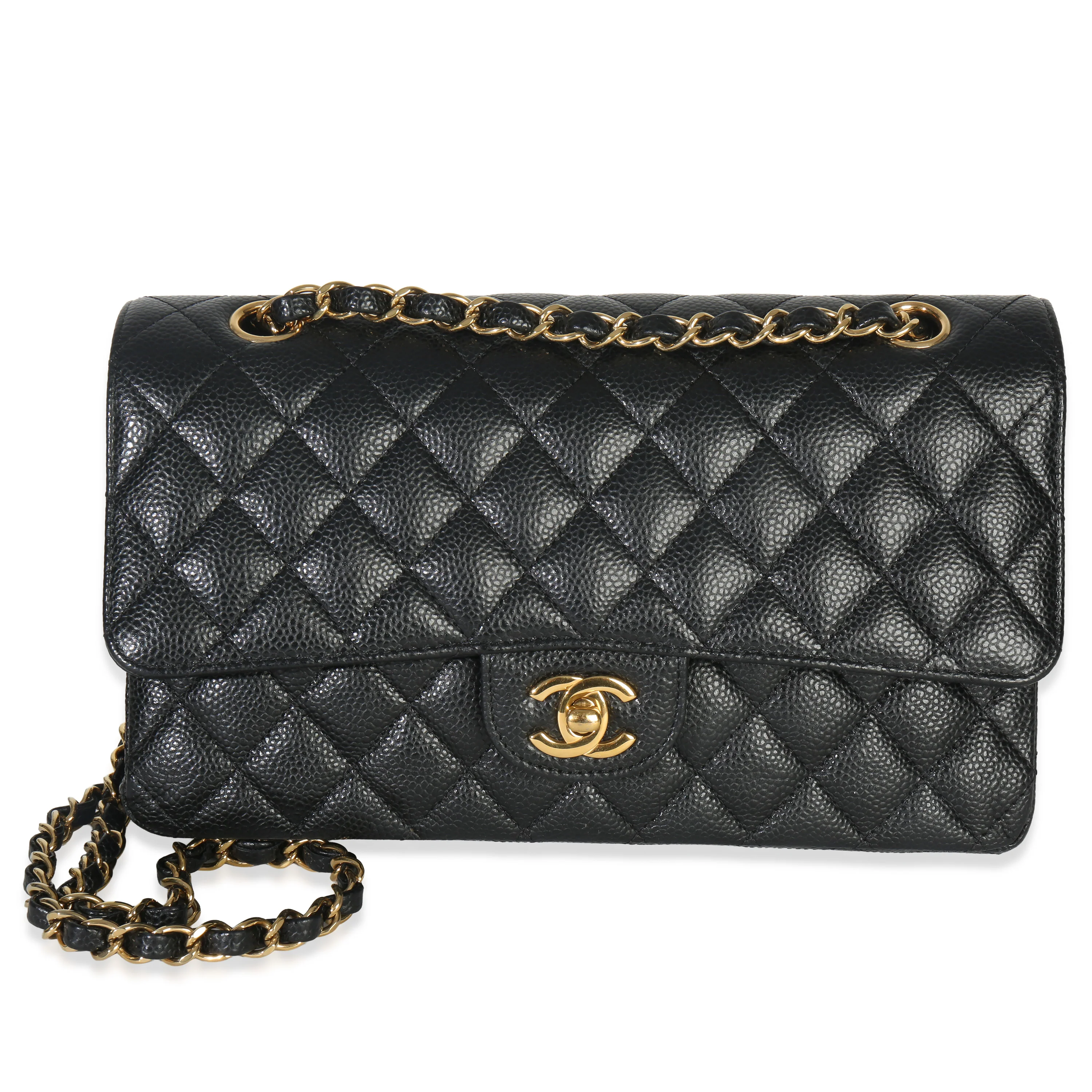 Black Quilted Caviar Medium Classic Double Flap Handbag