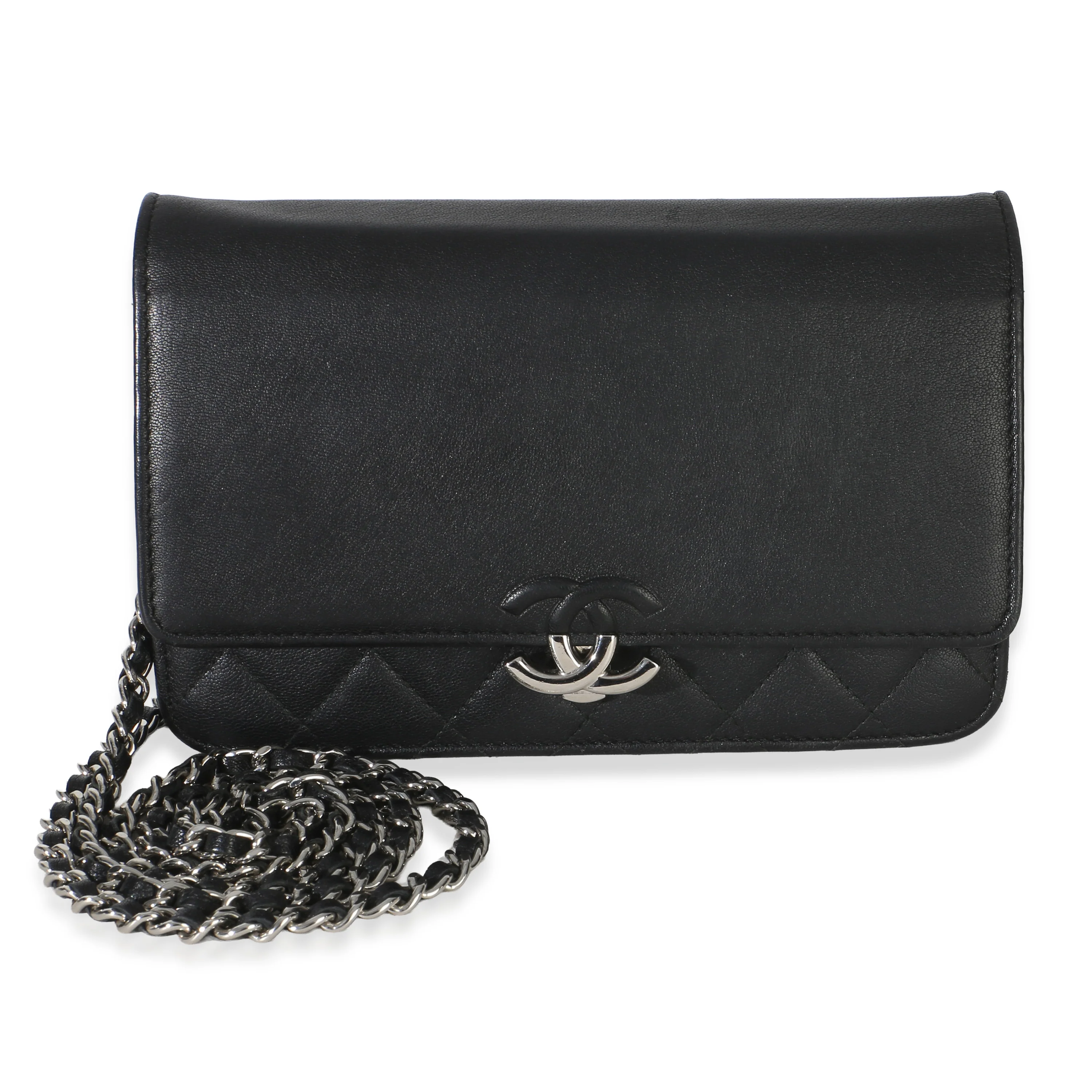Black Quilted Grained Calfskin CC Box Wallet On Chain