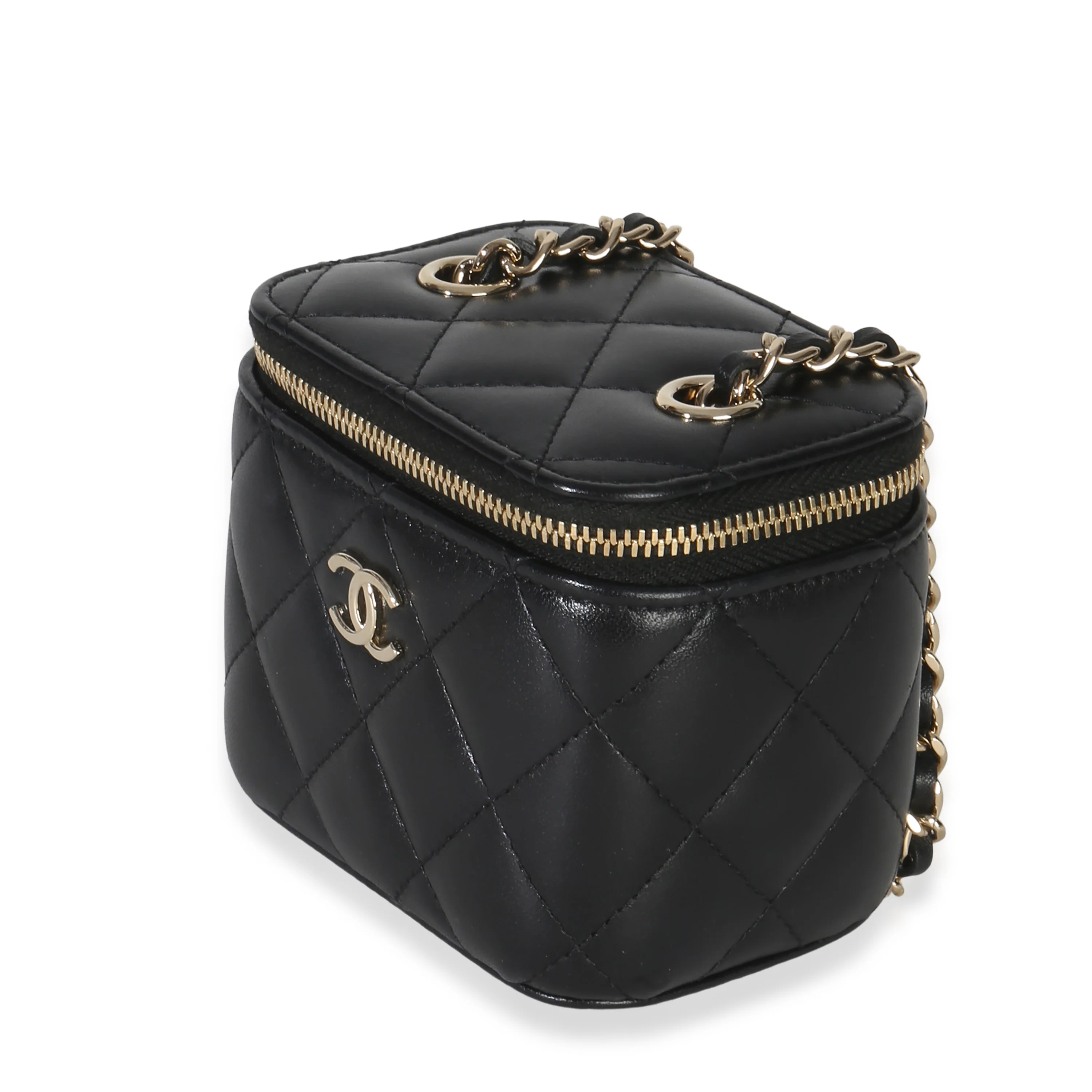 Black Quilted Lambskin Camellia Bow Chain Mini Vanity Case