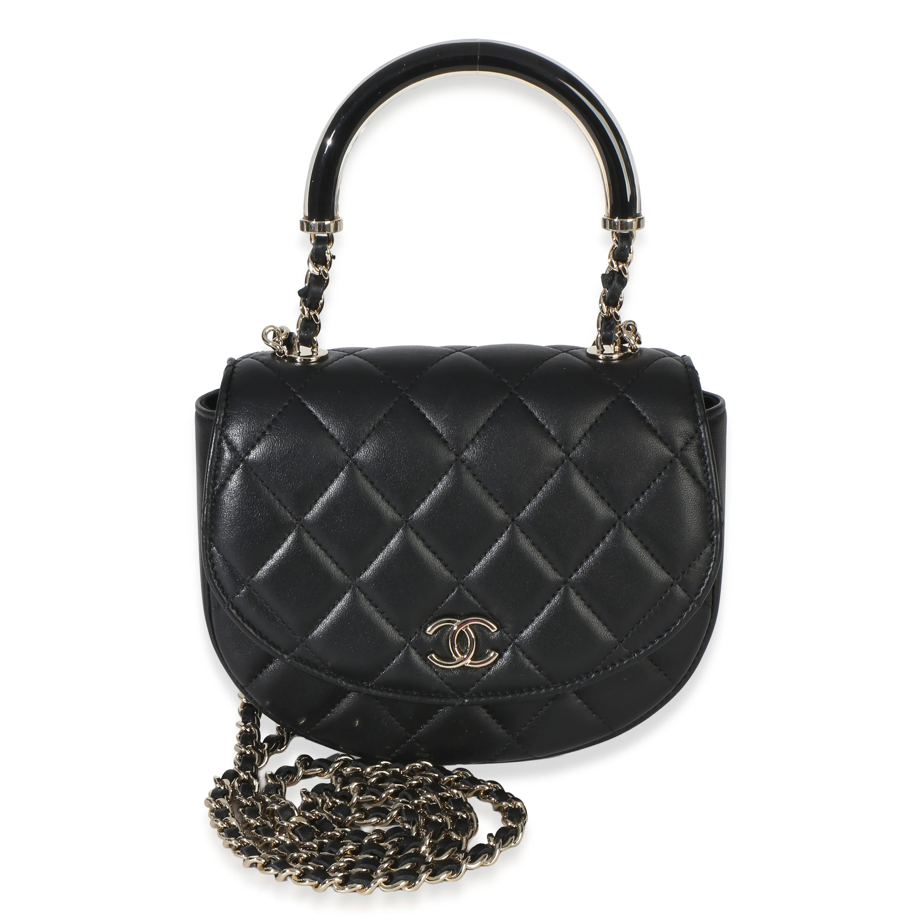 Black Quilted Lambskin CC Half Moon Top Handle Flap