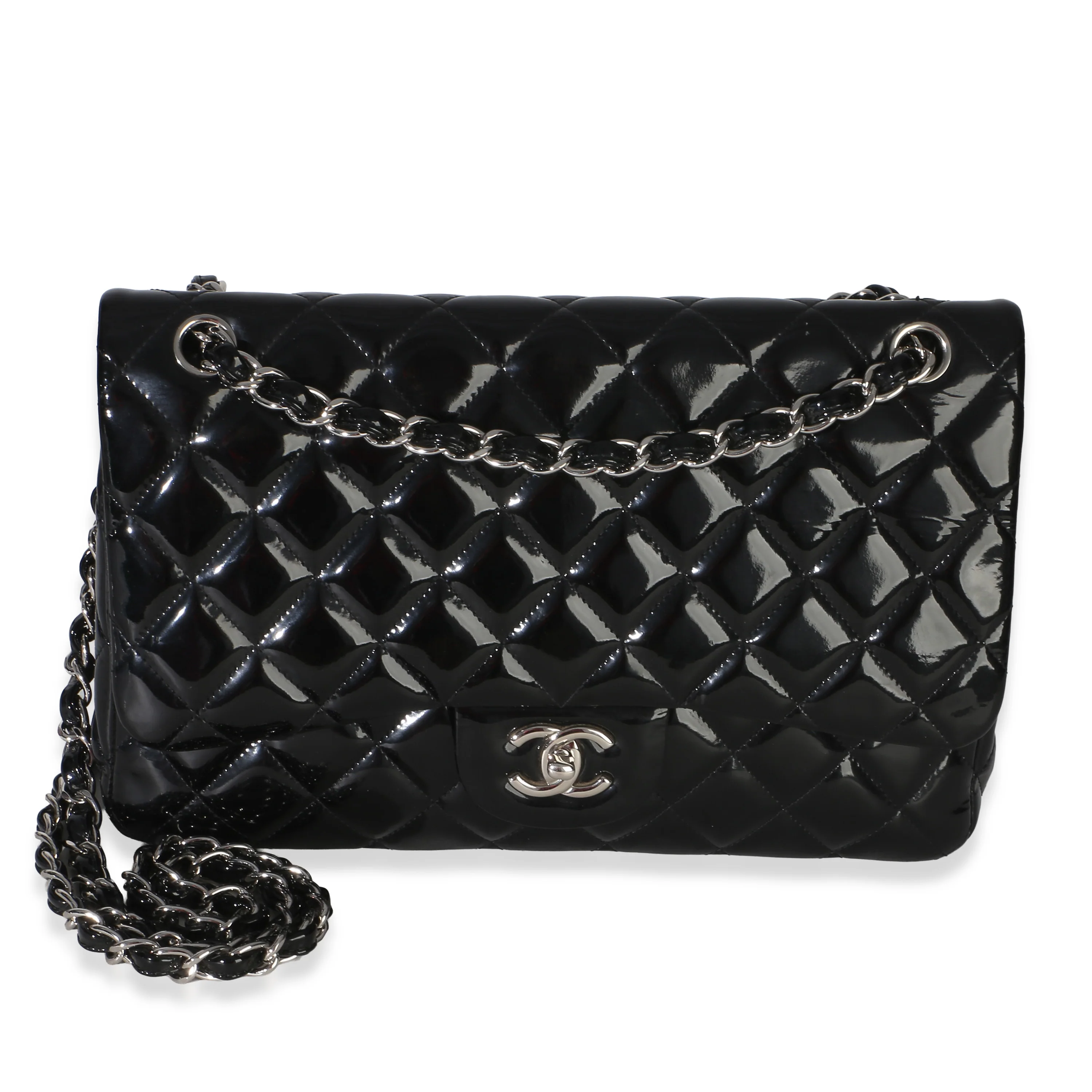 Black Quilted Patent Jumbo Classic Double Flap Bag