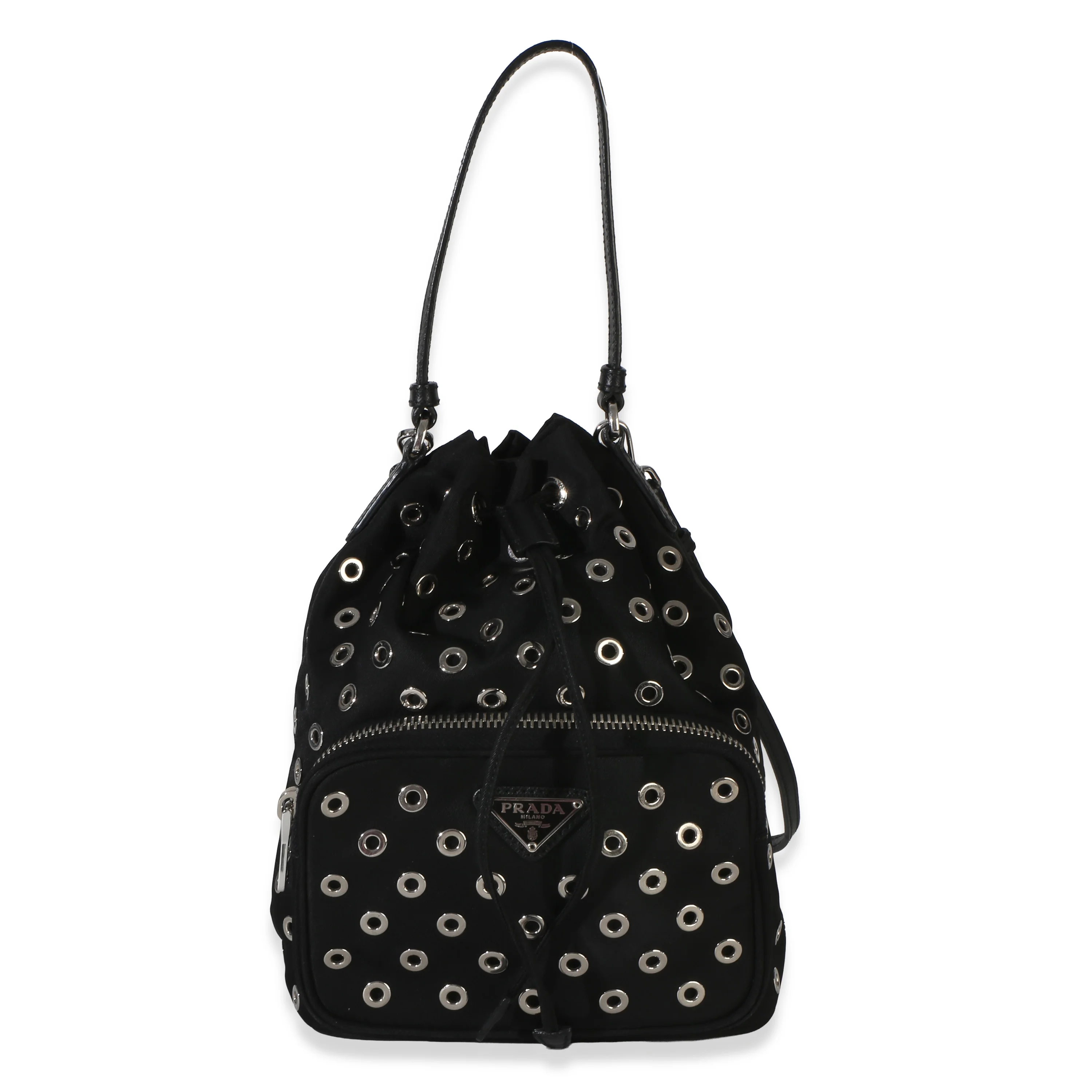 Black Tessuto Nylon Saffiano Grommet Mini Bucket Bag