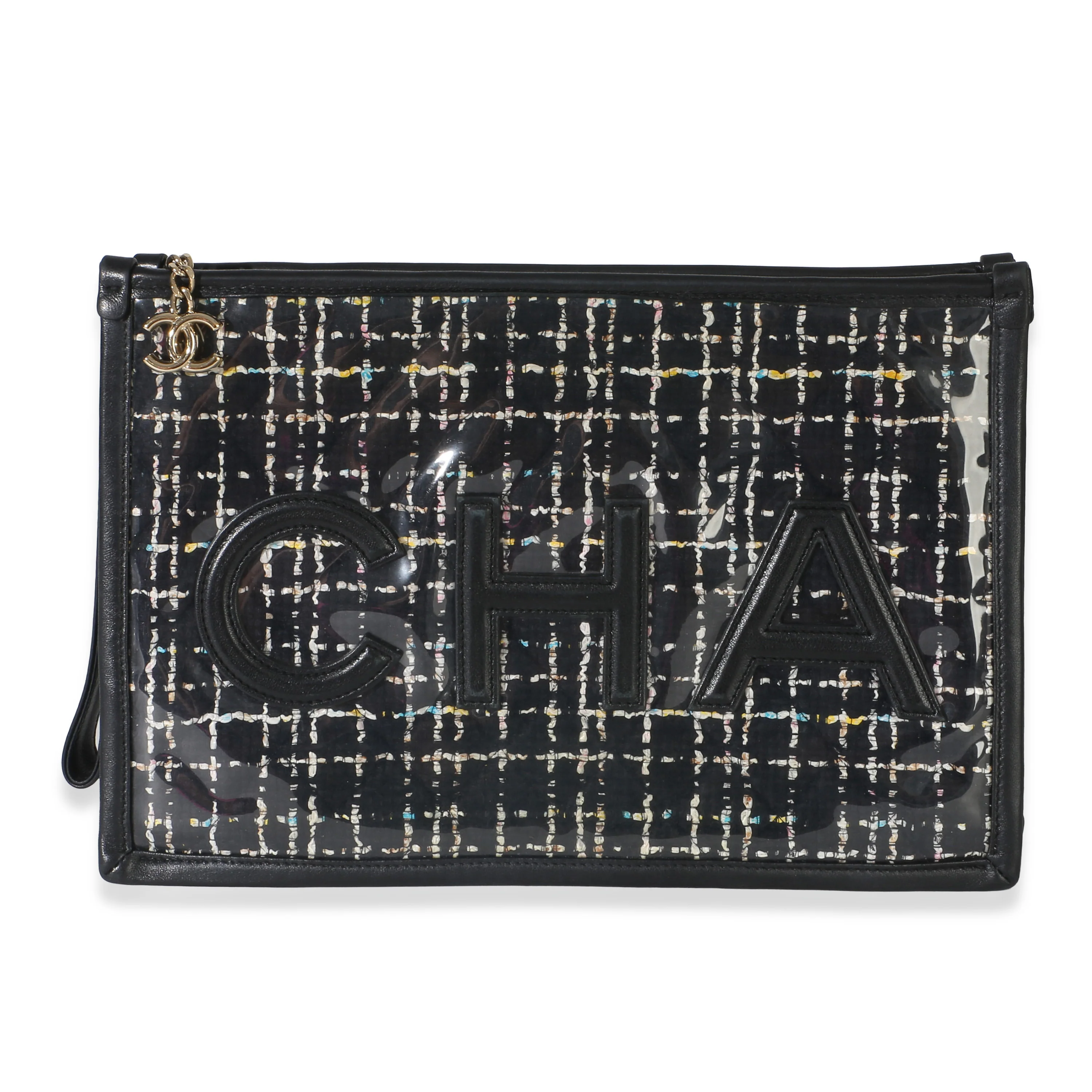 Black Tweed PVC Lambskin Logo Large Pouch