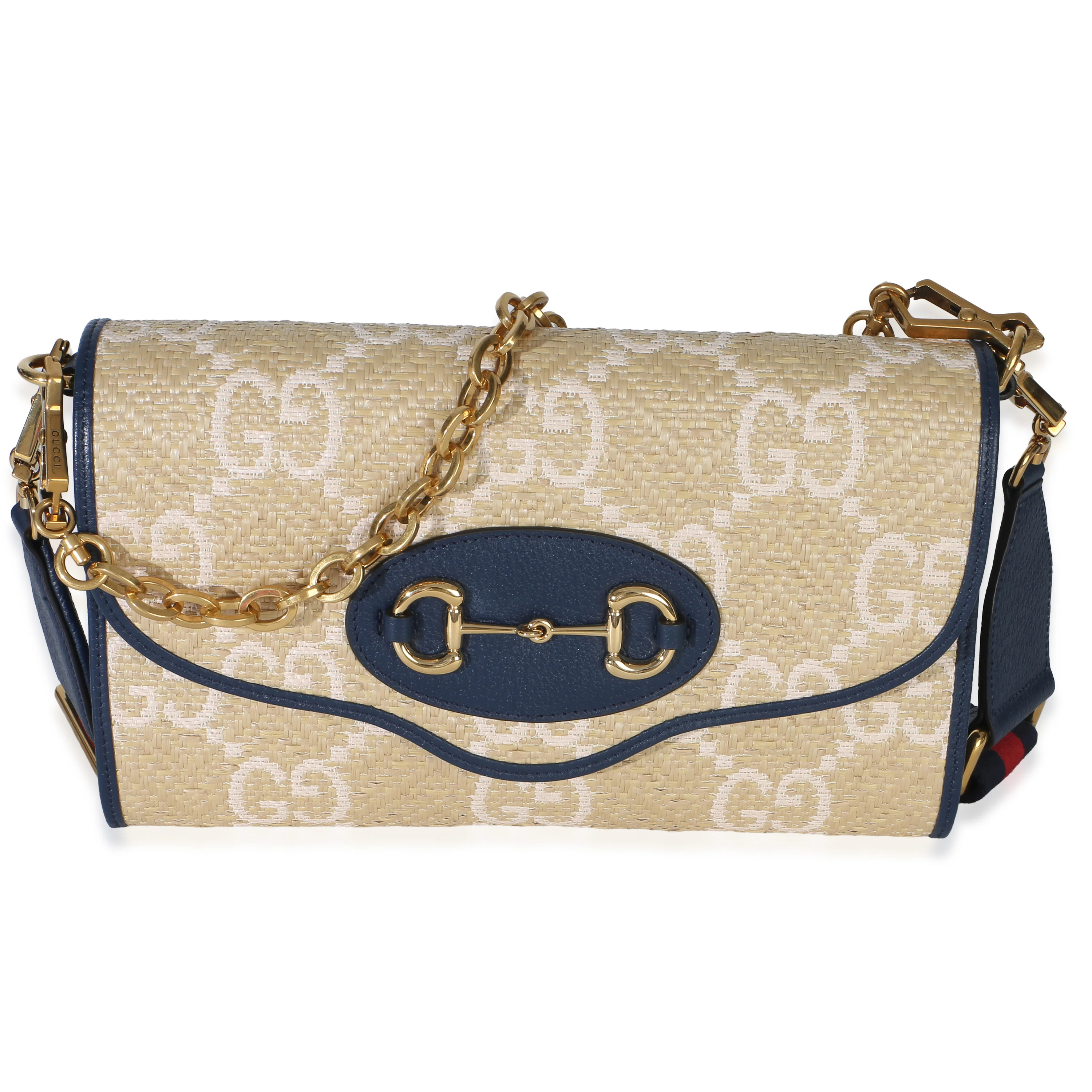 Blue Beige Raffia 1955 Horsebit Shoulder Bag