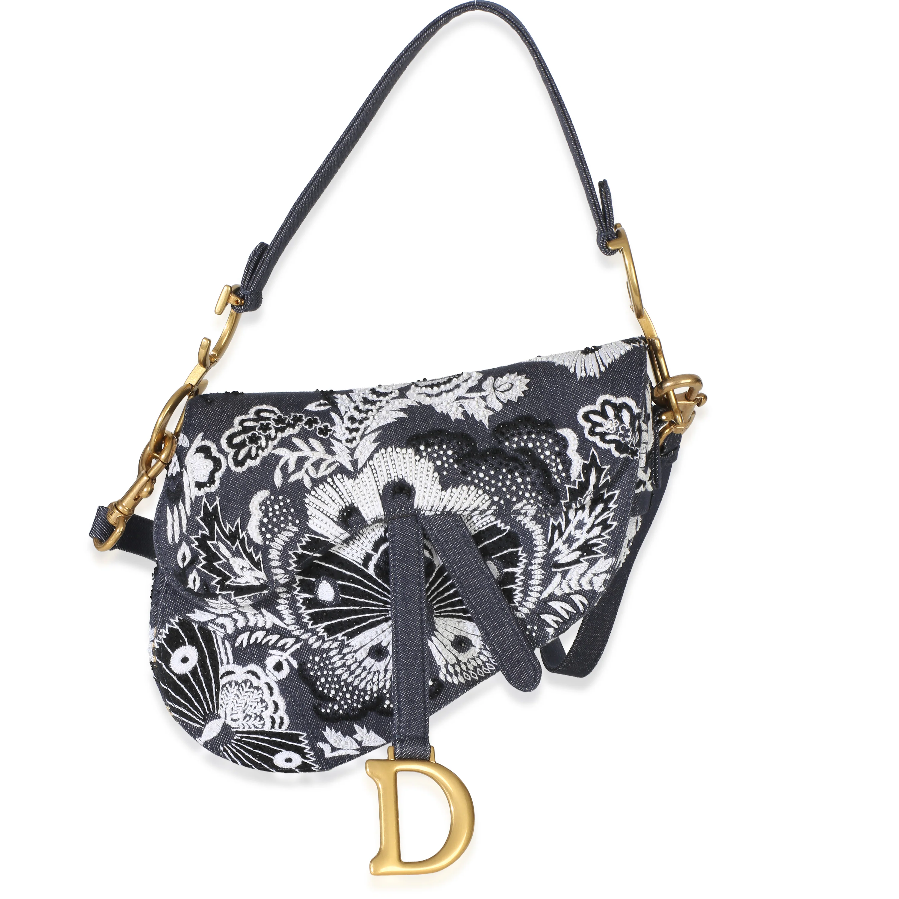 Blue Denim Beaded Butterfly Medium Saddle Bag