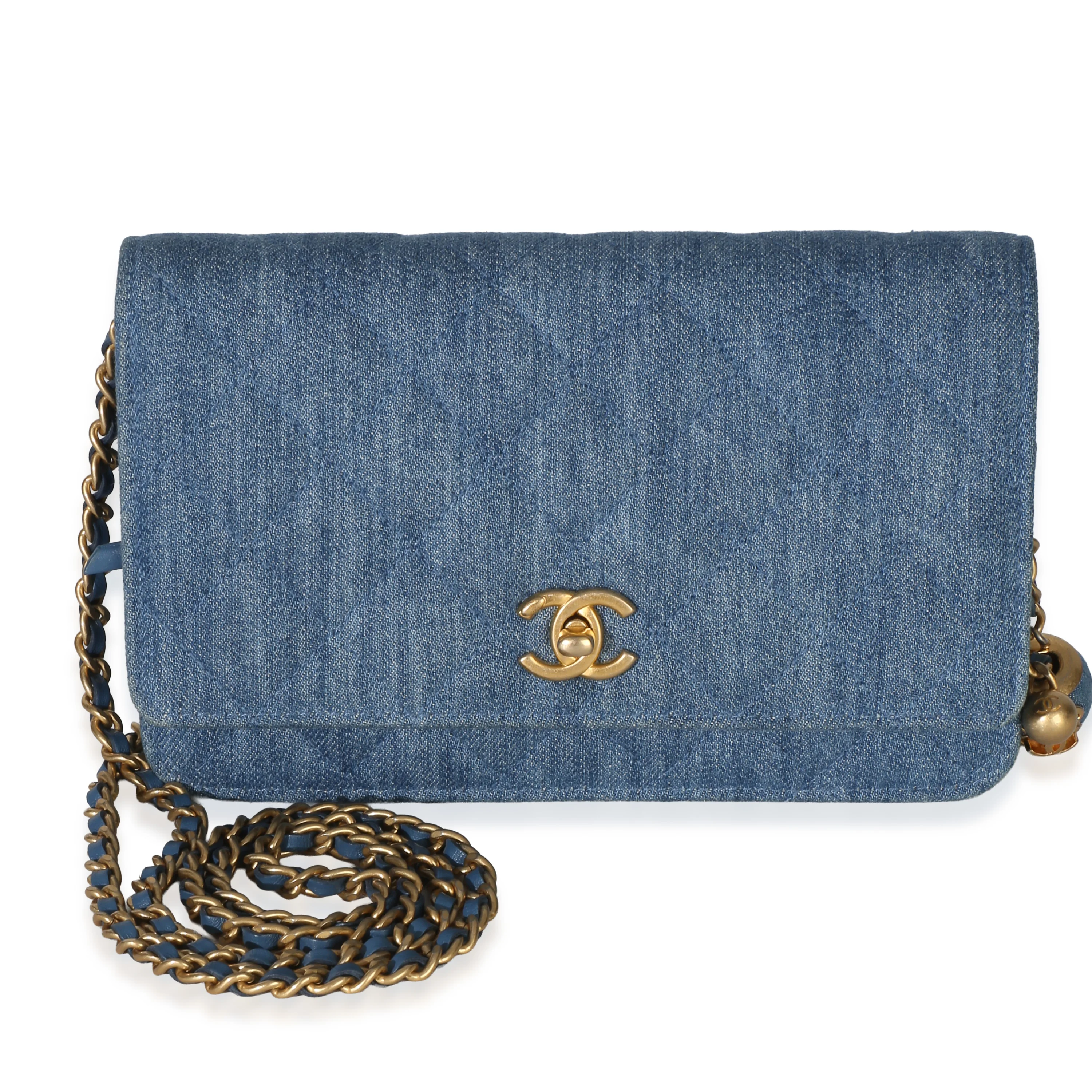Blue Denim Quilted CC Pearl Crush Wallet On Chain