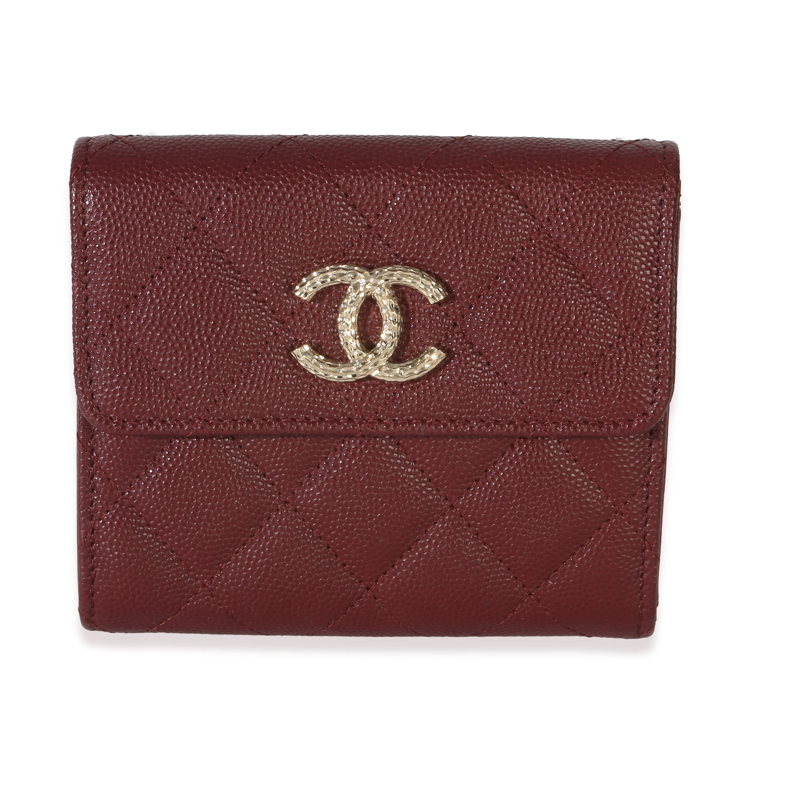 Burgundy Quilted Caviar CC Trifold Compact Wallet