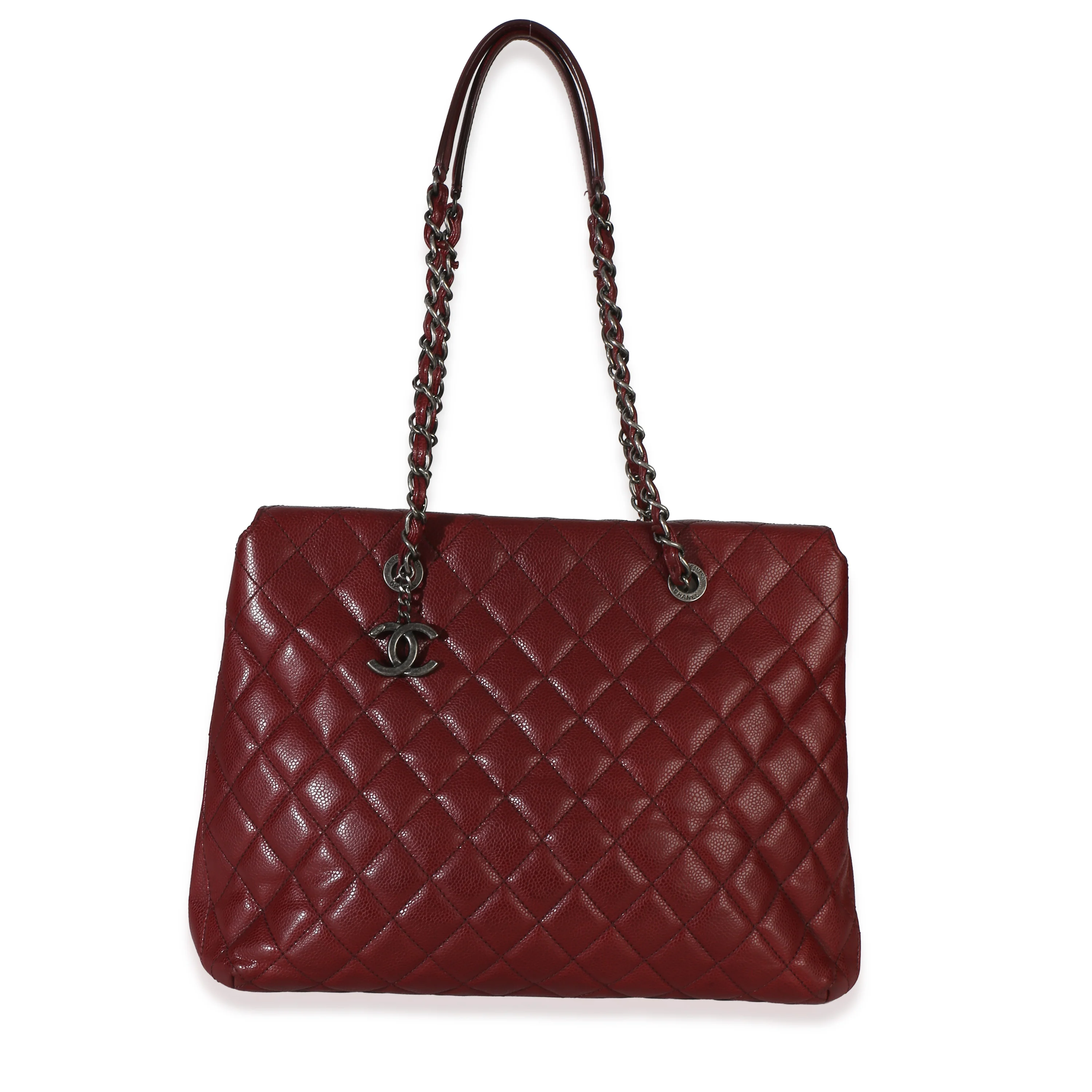 Burgundy Quilted Caviar Large City Shopping Tote