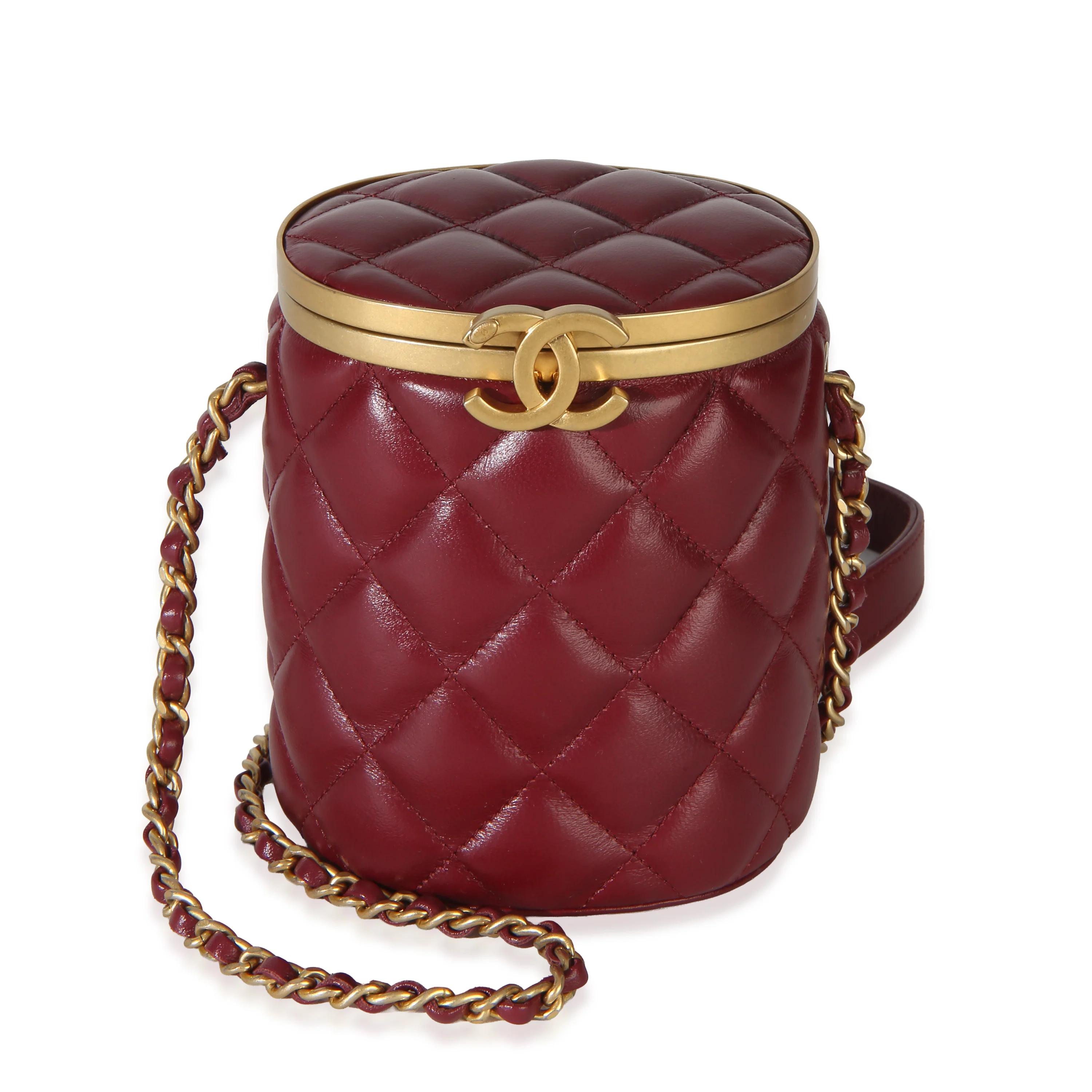 Burgundy Quilted Lambskin Crown Box Vanity Case