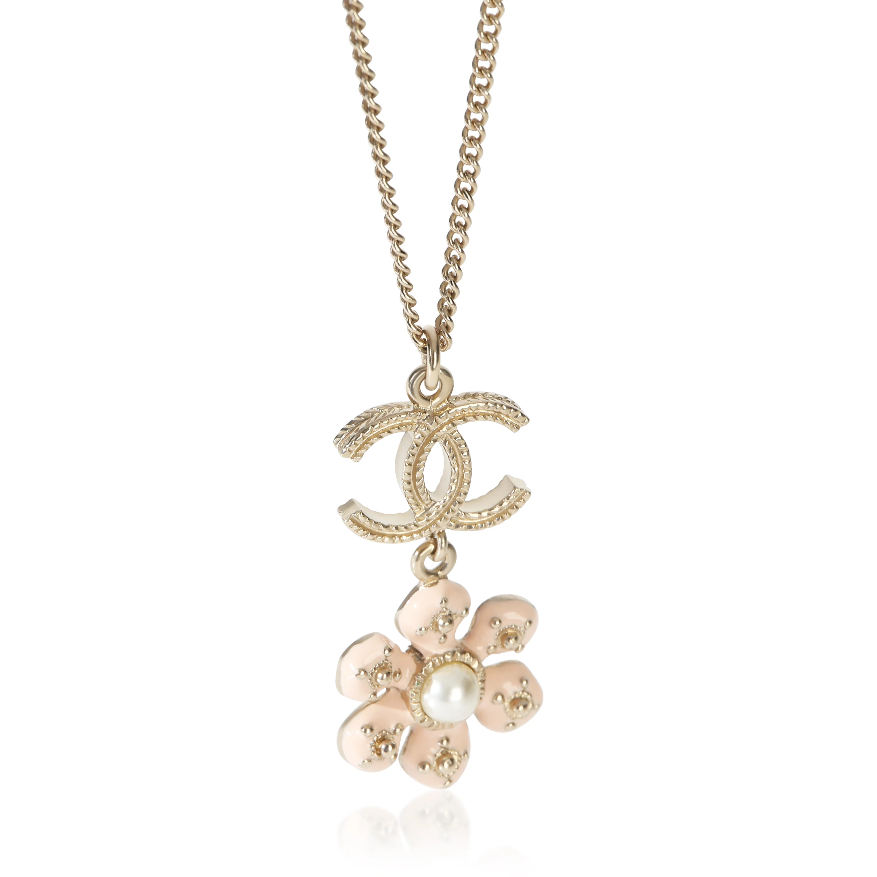 Gold-Plated  2018 Pink Enamel Flower CC Pendant