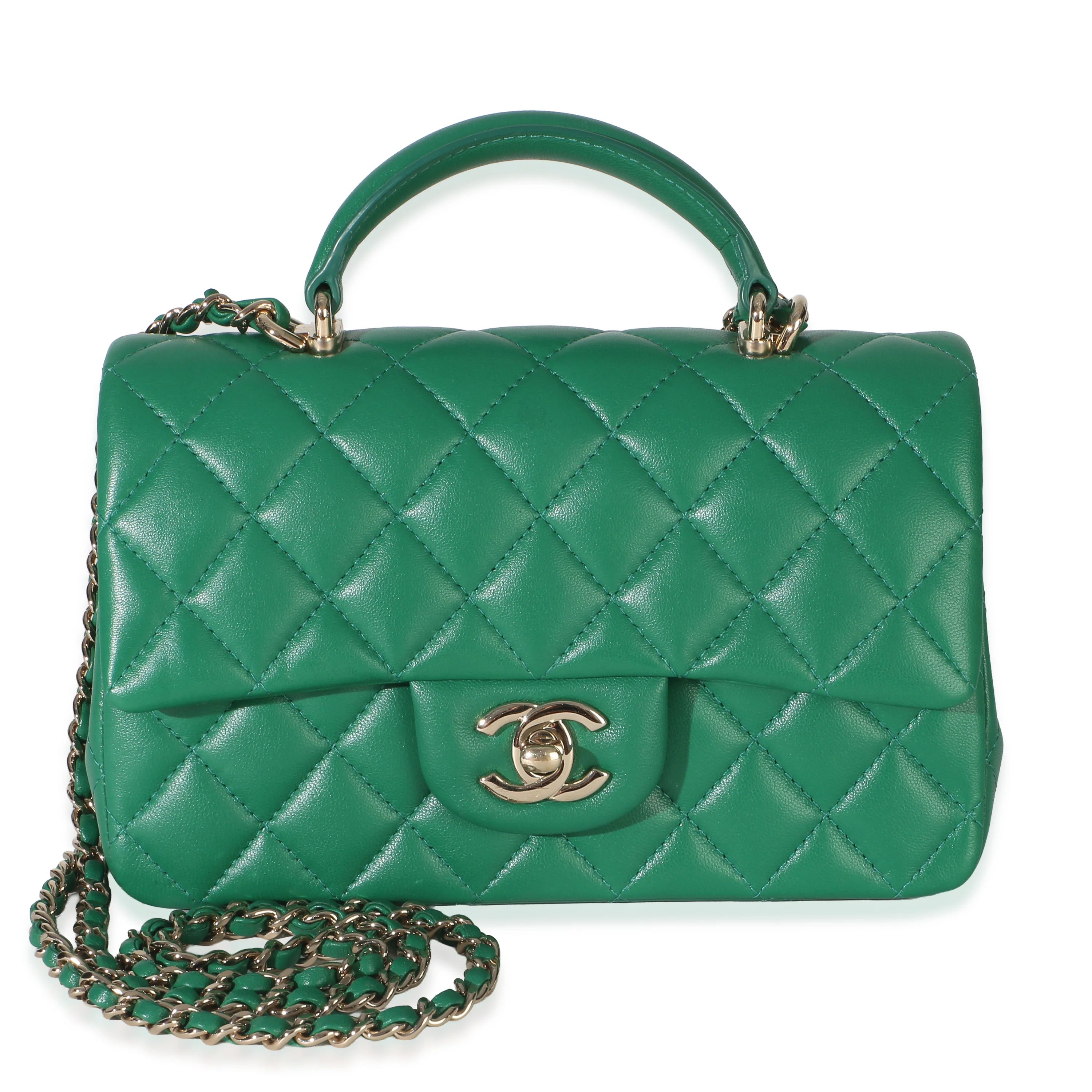 Green Quilted Lambskin Mini Top Handle Rectangular Flap Bag