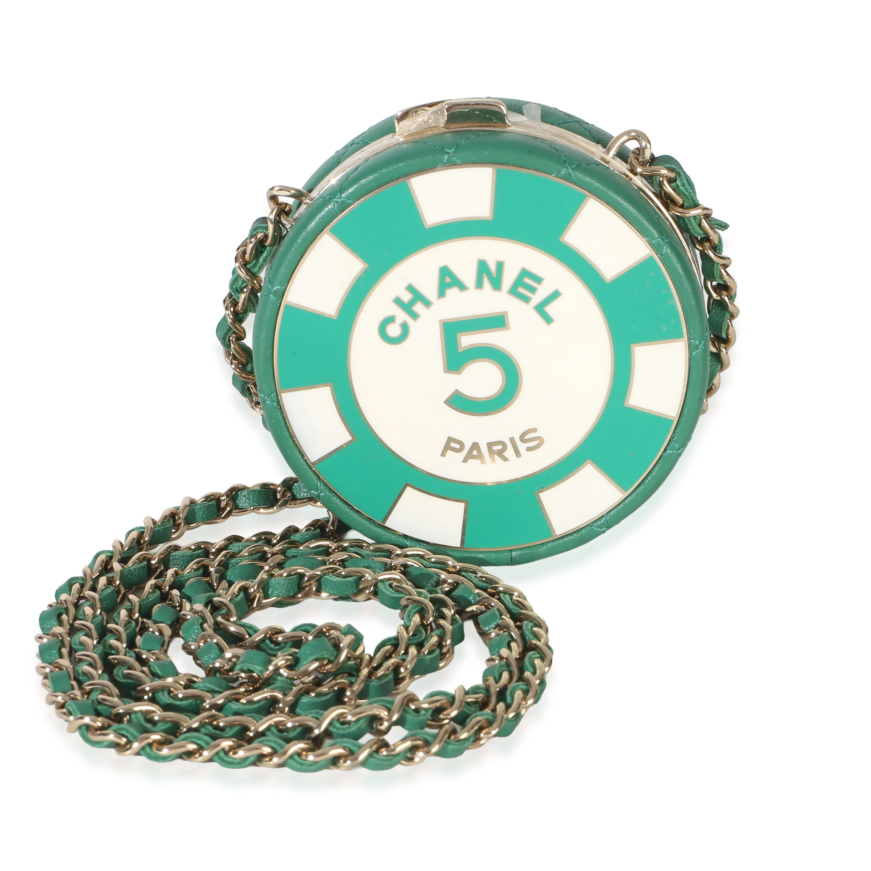 Green White Quilted Lambskin Enamel Round Poker Chip Clutch With Chain