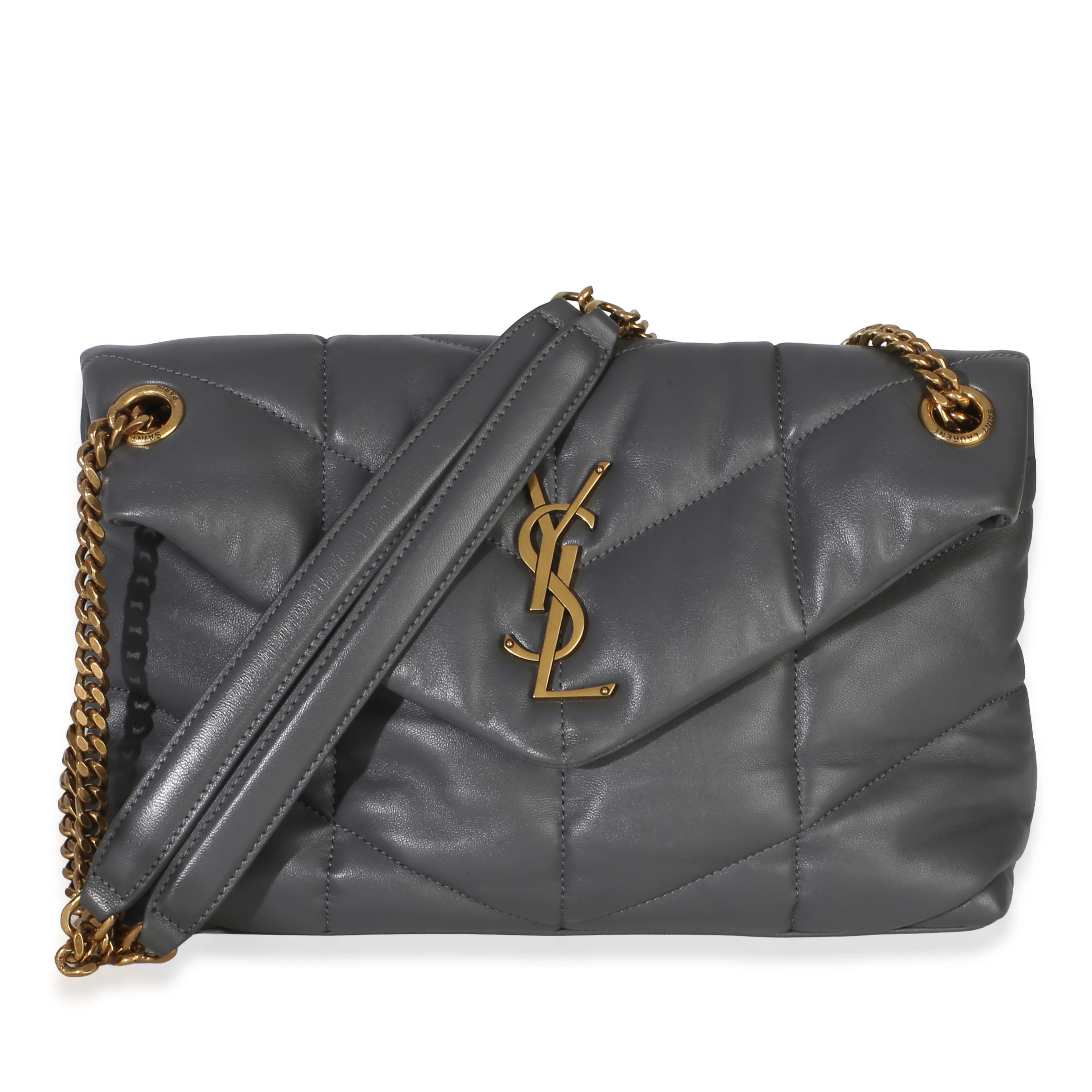 Grey Quilted Lambskin Small Loulou Puffer Chain Satchel