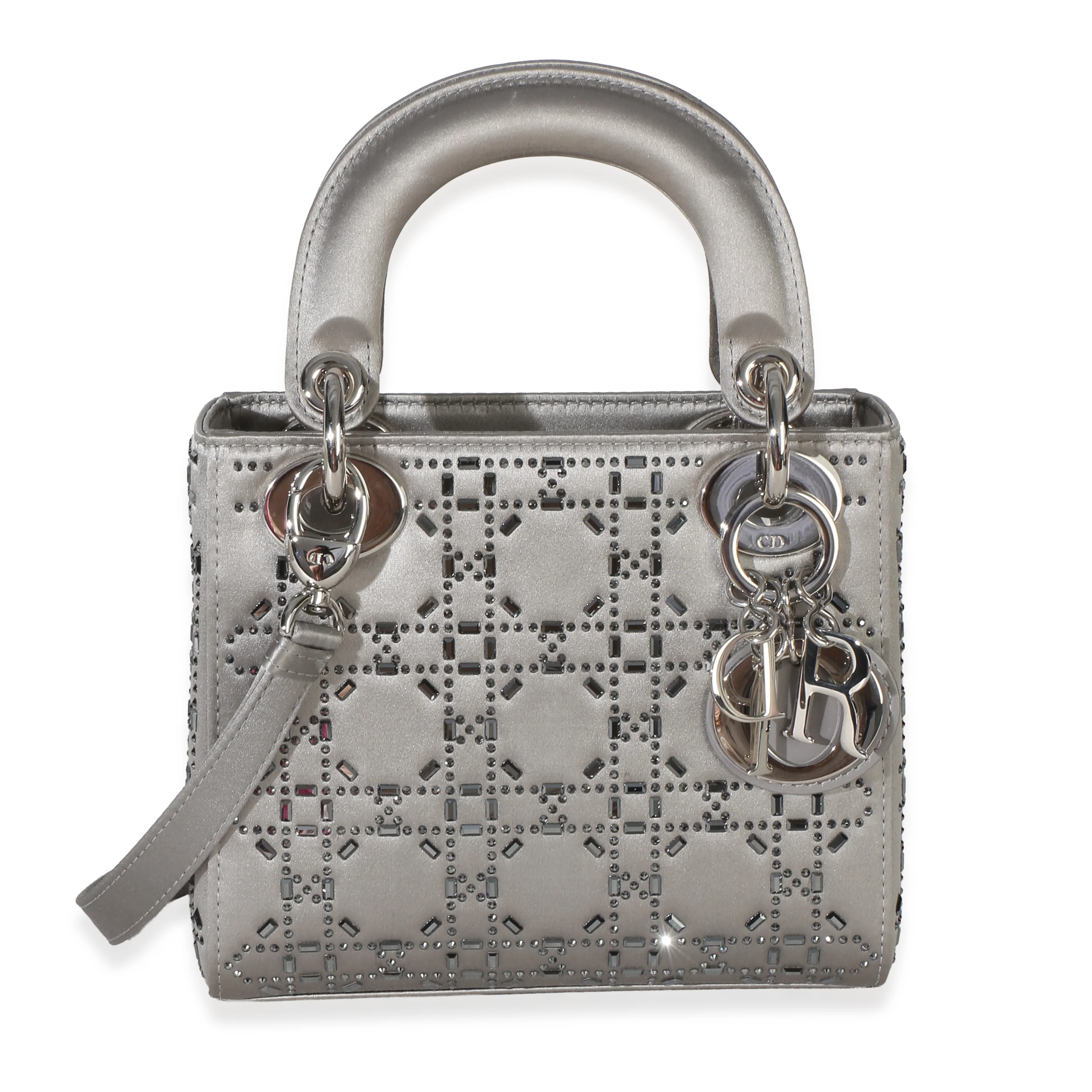 Grey Satin Crystal Cannage Mini Lady Dior Bag