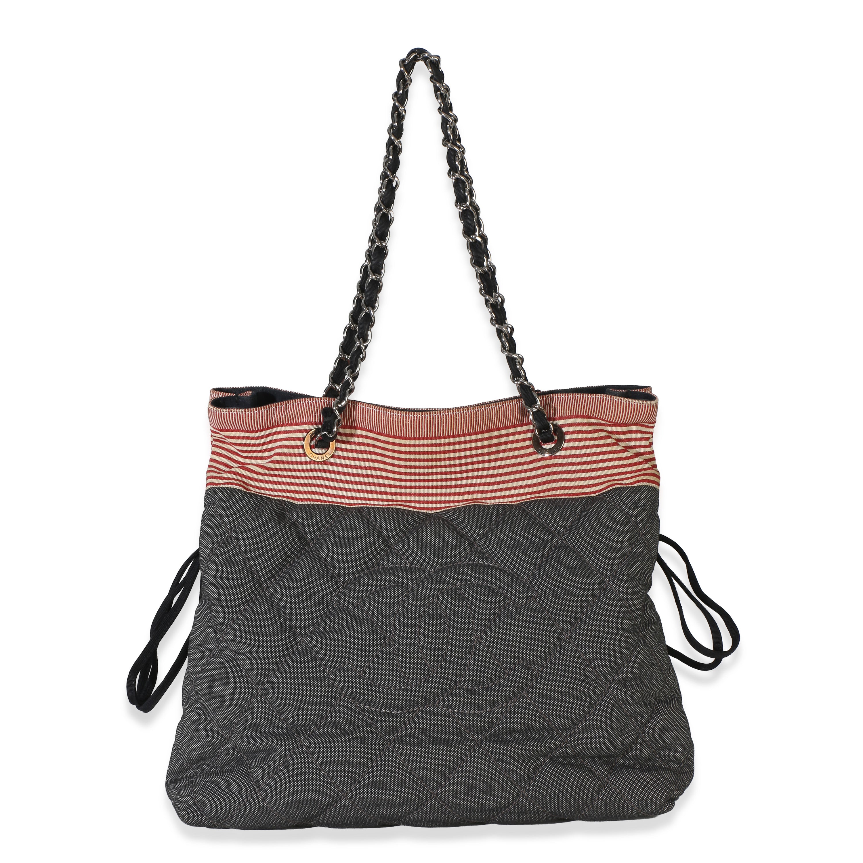 Navy Red Quilted Grosgrain Striped Denim Bon Bon Tote