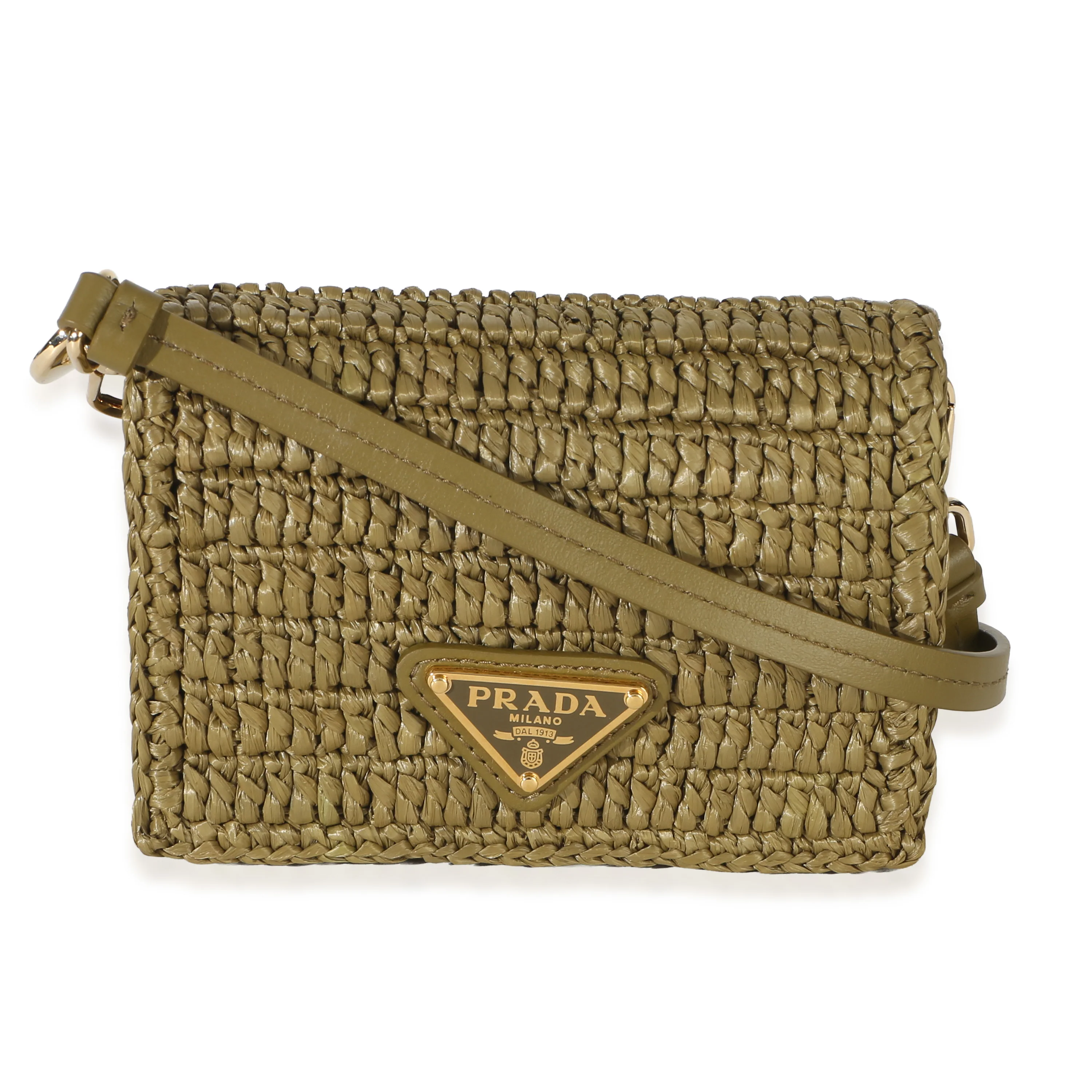 Olive Crochet Raffia Effect Metal Triangle Logo Card Holder