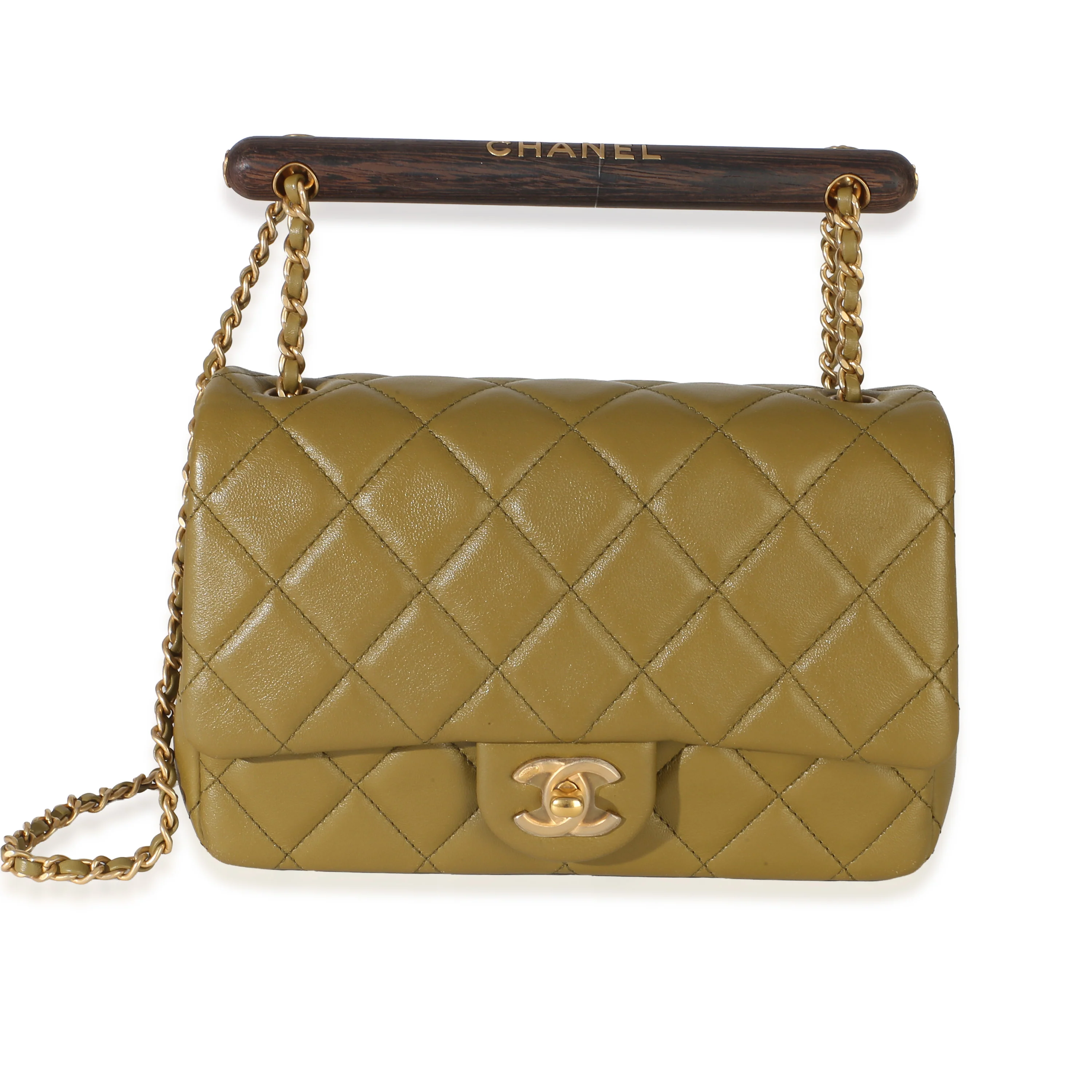 Olive Green Quilted Lambskin Small Wenge Wood Top Handle Flap Bag