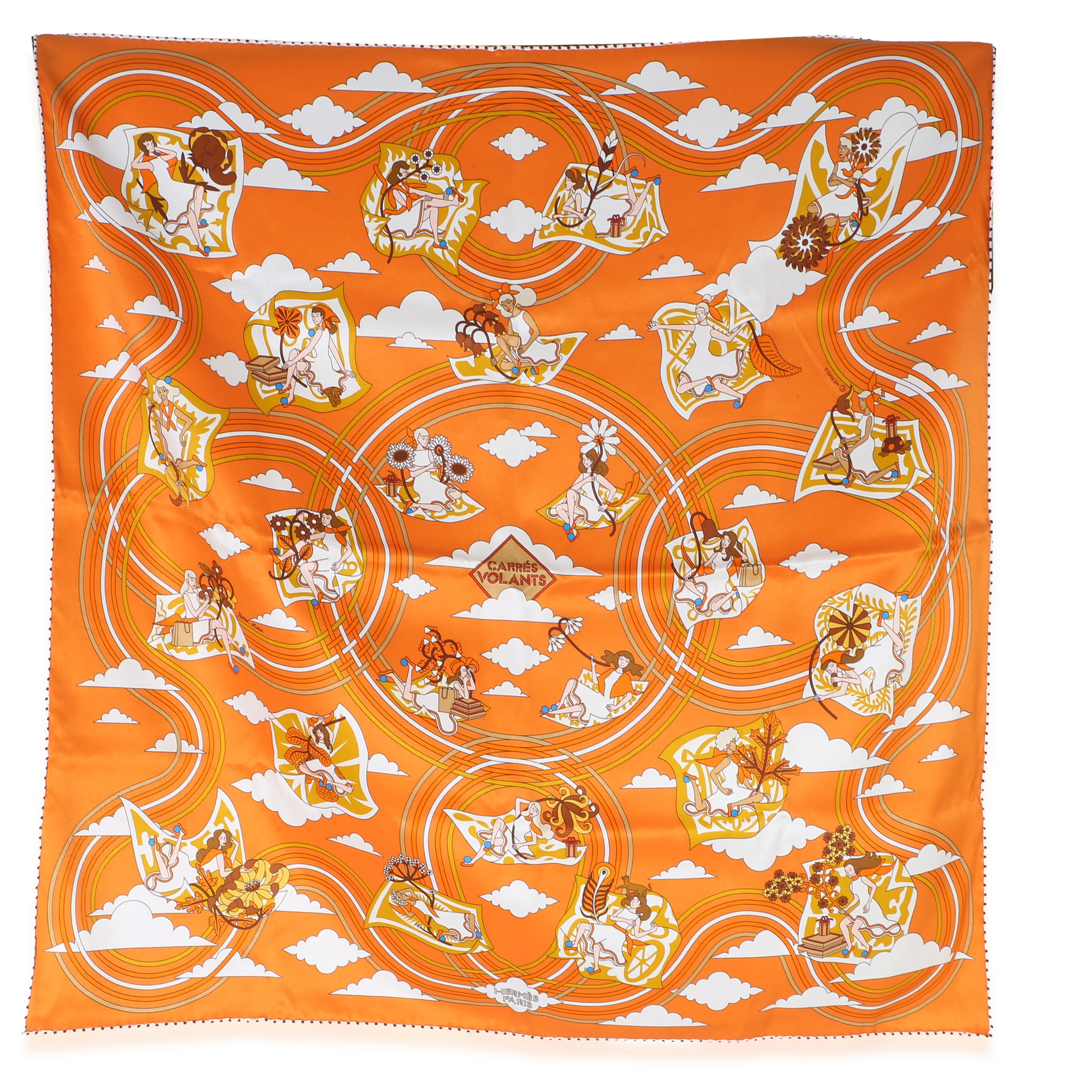 Orange Gold Blanc Silk Carres Volants Scarf 70