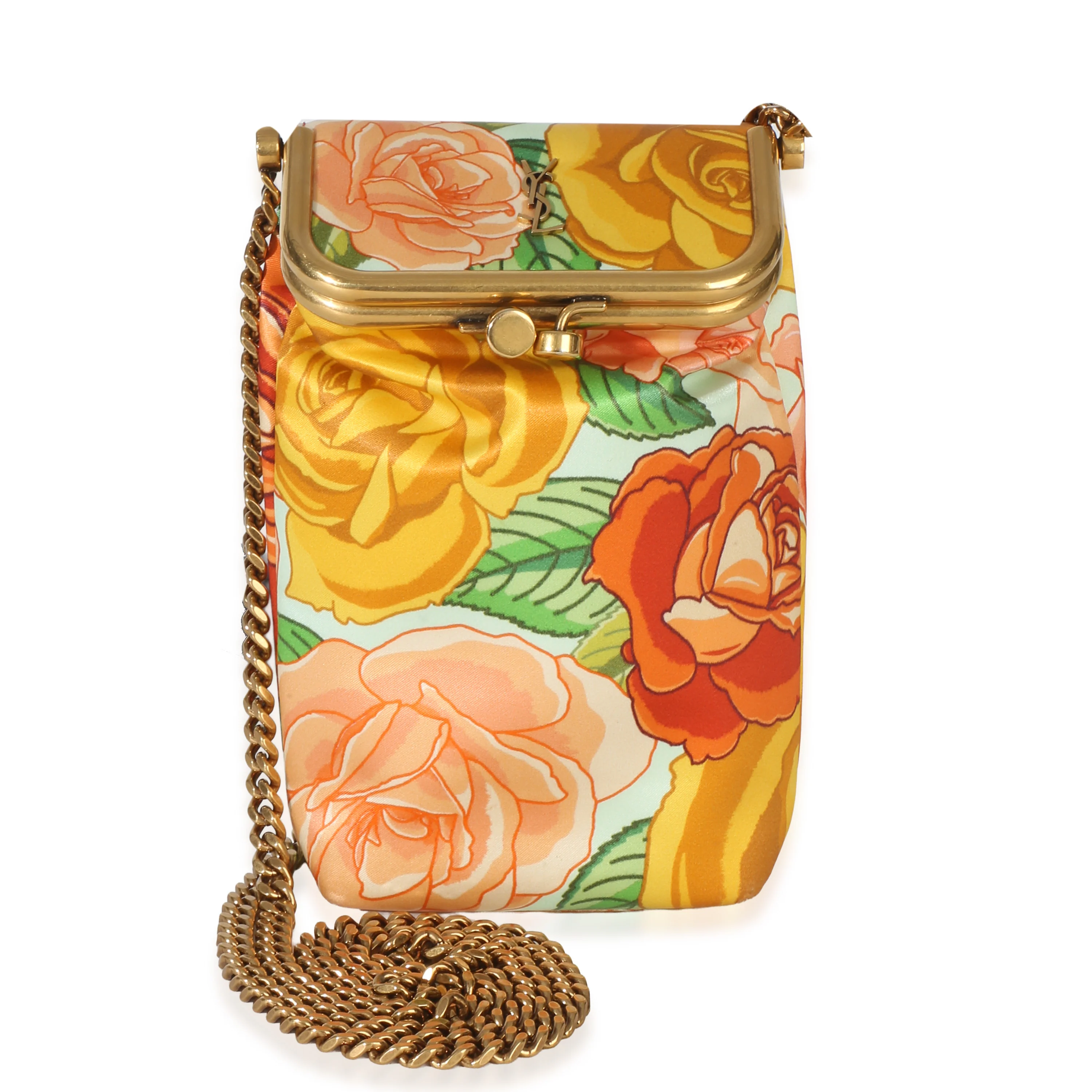 Orange Multicolor Floral Satin Small Charniere Chain Bag