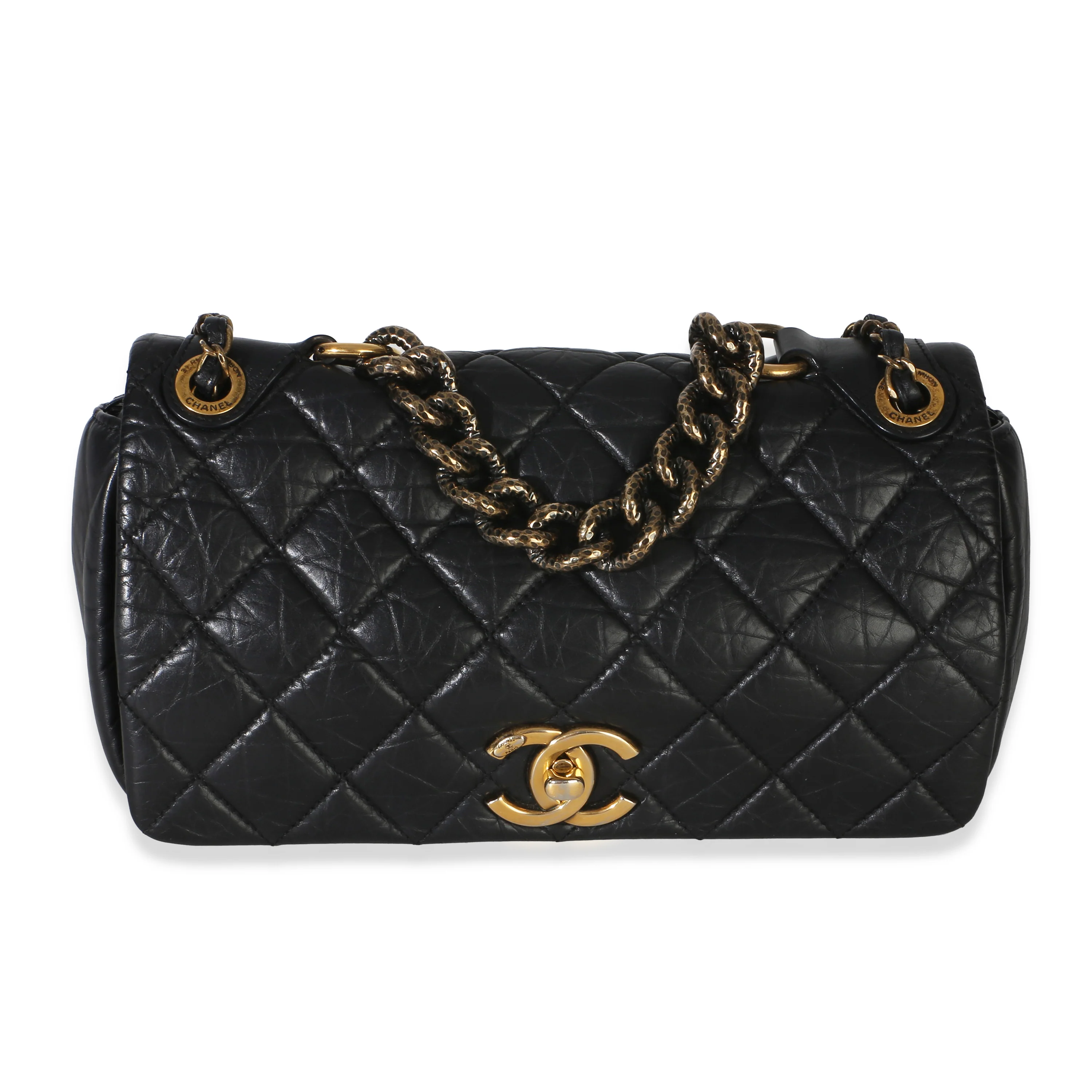 Paris-Bombay Black Quilted Aged Calfskin Medium Pondichery Flap Bag