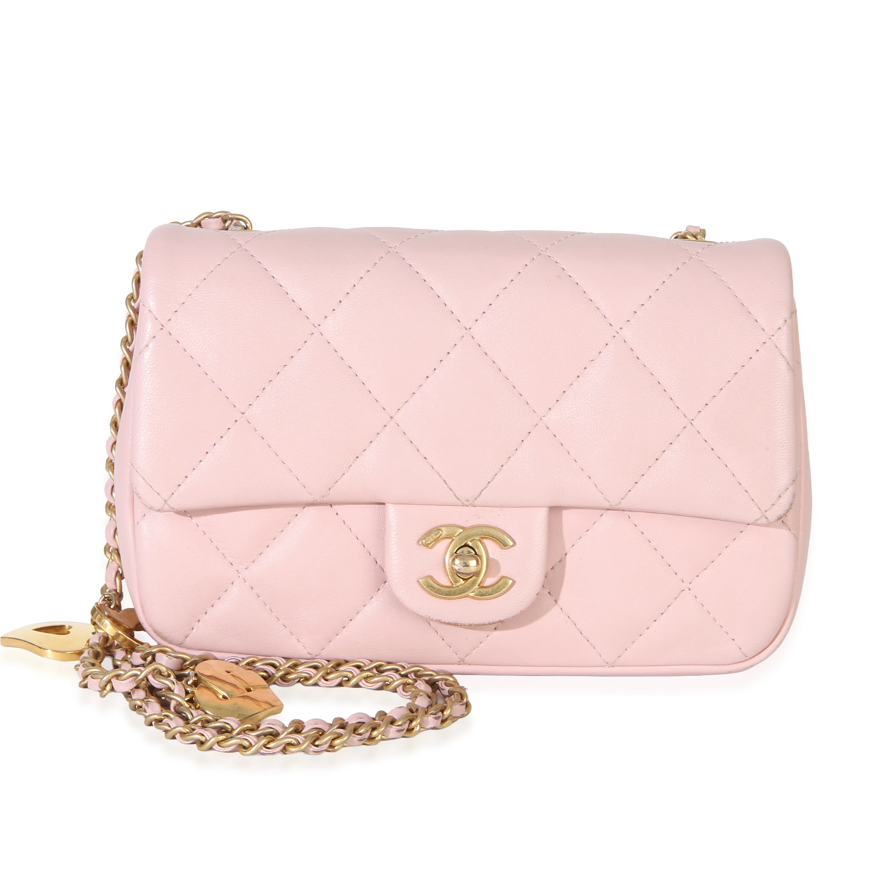 Pink Quilted Lambskin Heart Charm Mini Rectangular Flap Bag