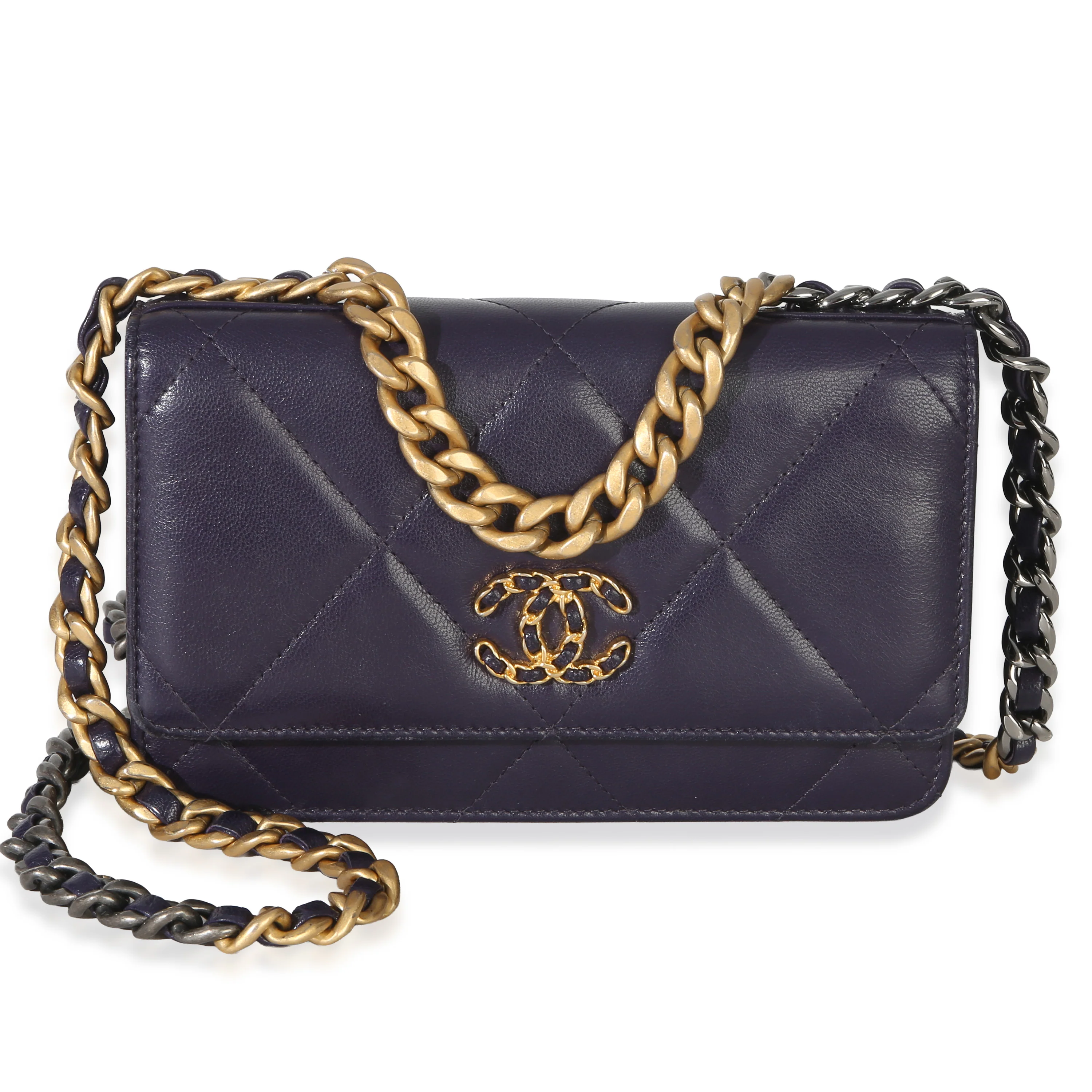 Purple Quilted Lambskin Chanel 19 Wallet On Chain