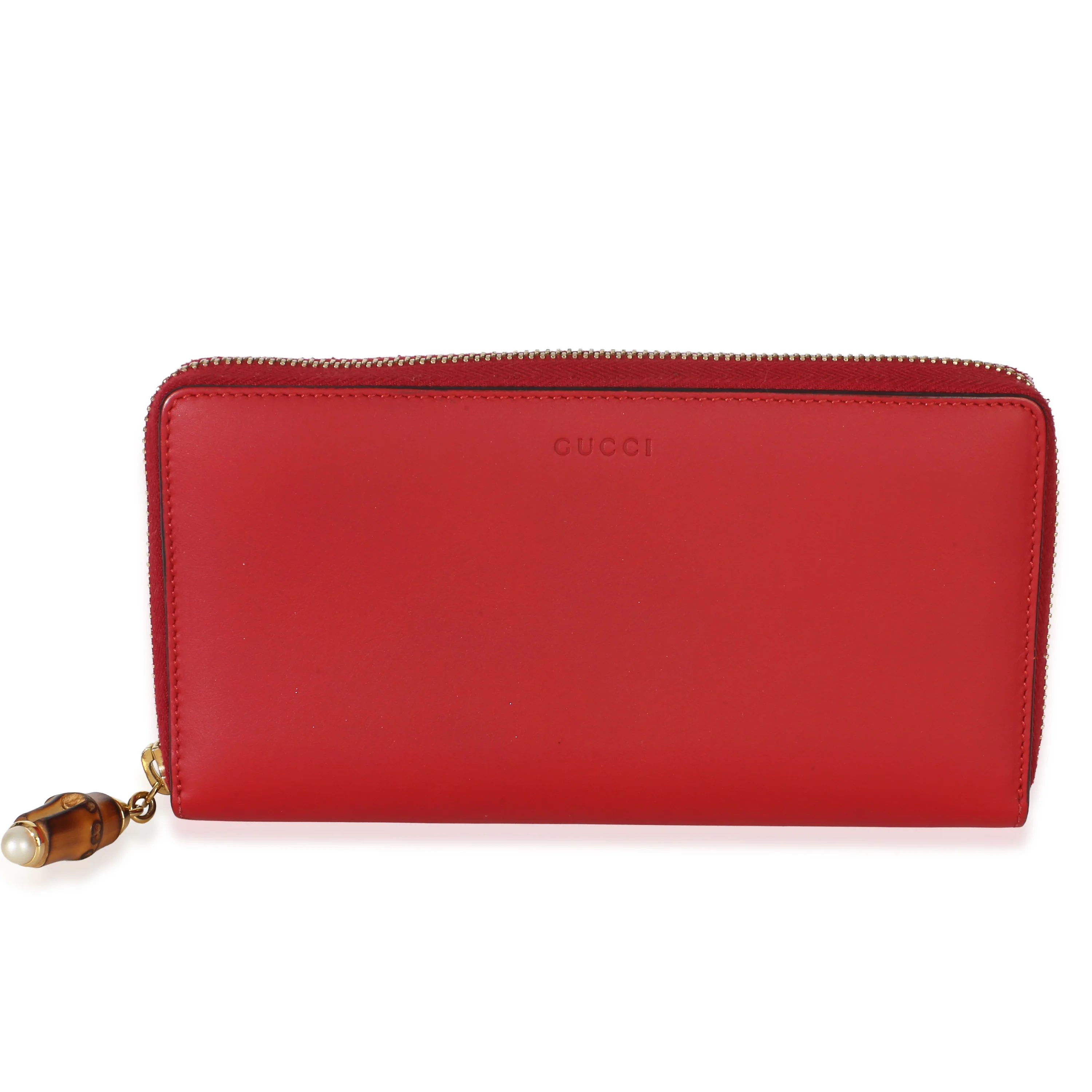Red Calfskin Bamboo Pearl Zip Around Wallet