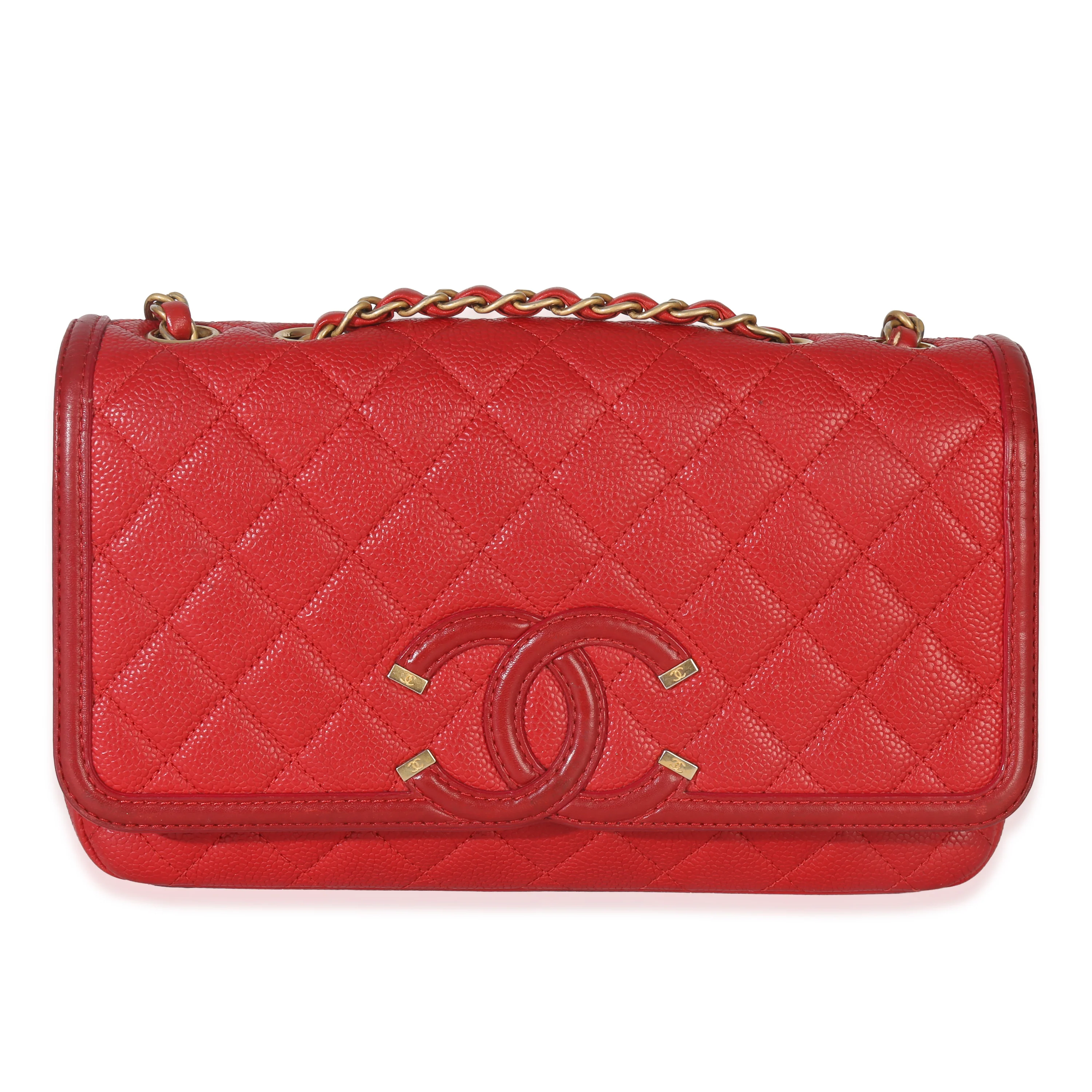 Red Quilted Caviar Medium Filigree Flap Handbag
