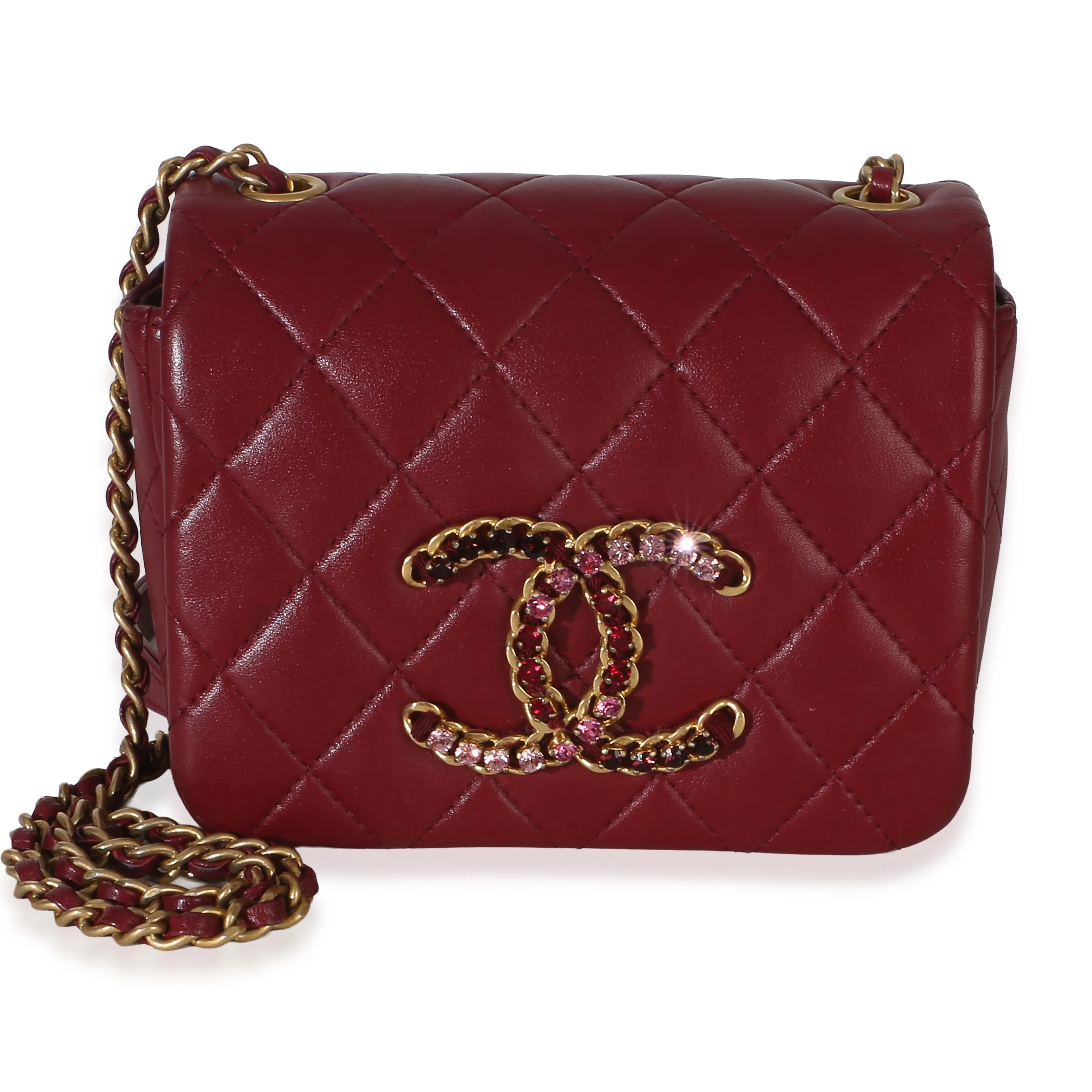 Red Quilted Lambskin Crystal CC Mini Square Flap Bag