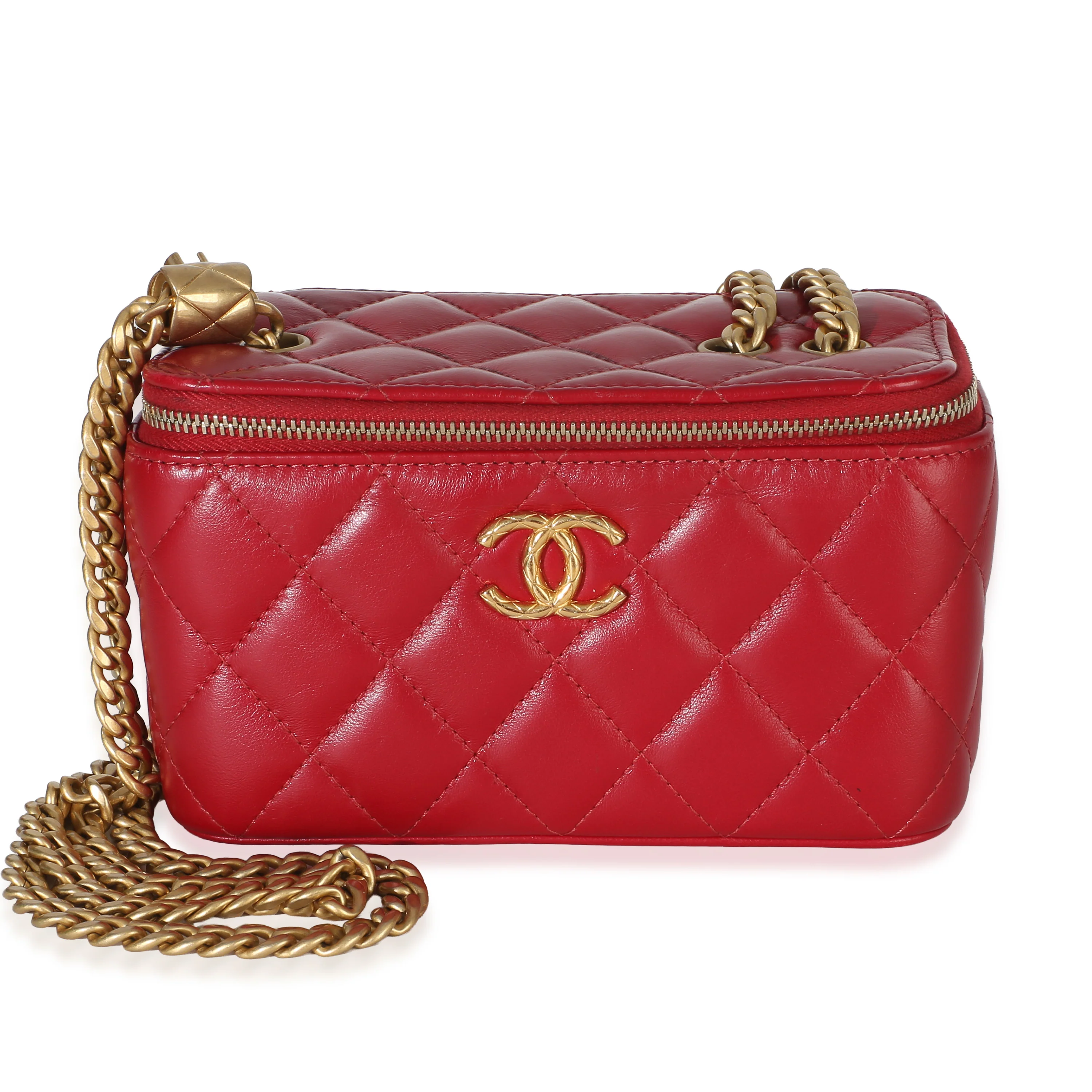 Red Quilted Lambskin Small Pillow Crush Vanity Case With Chain