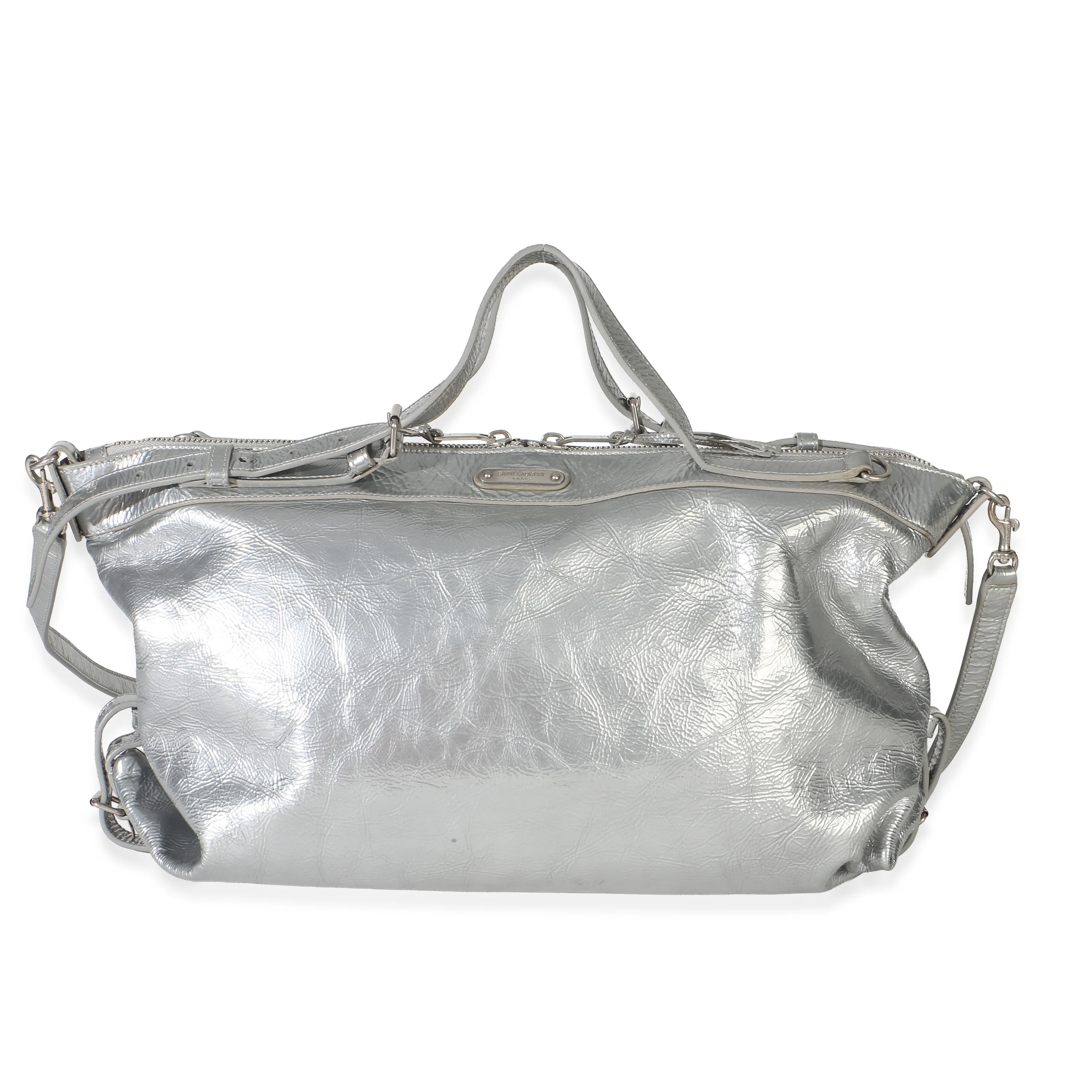 Silver Metallic Crinkled Calfskin Medium ID Shoulder Bag