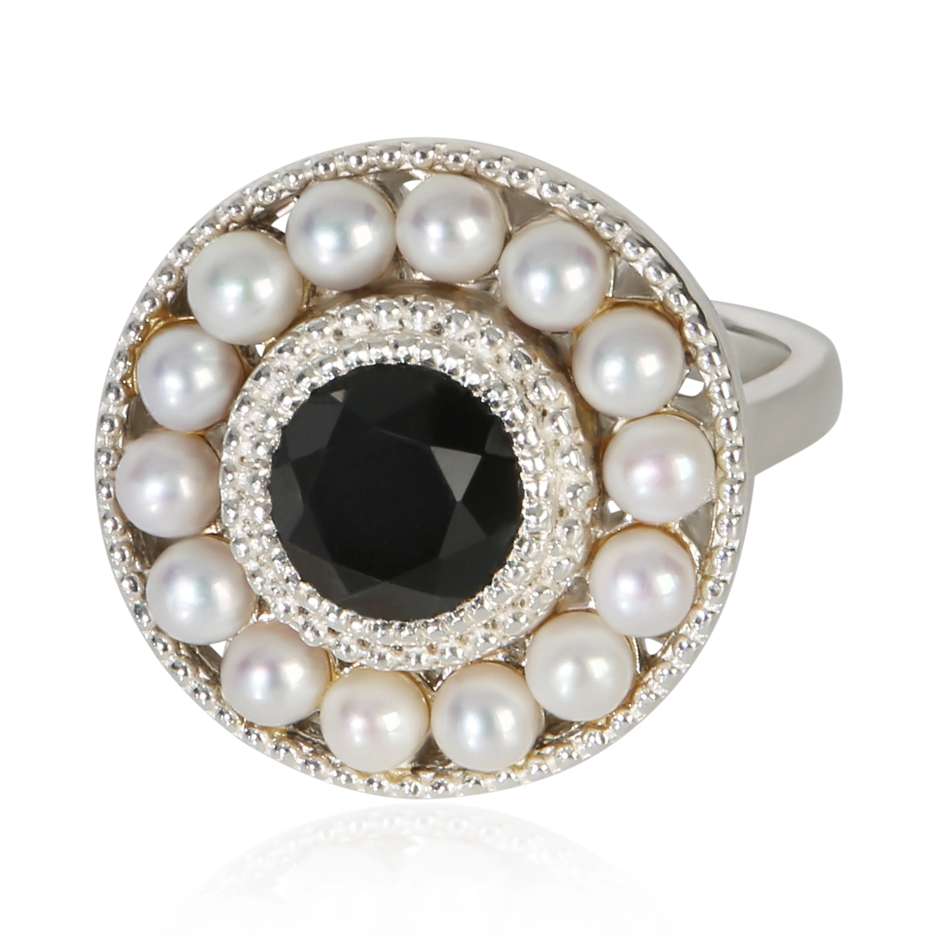 Sterling Silver Onyx and Pearl Cocktail Ring