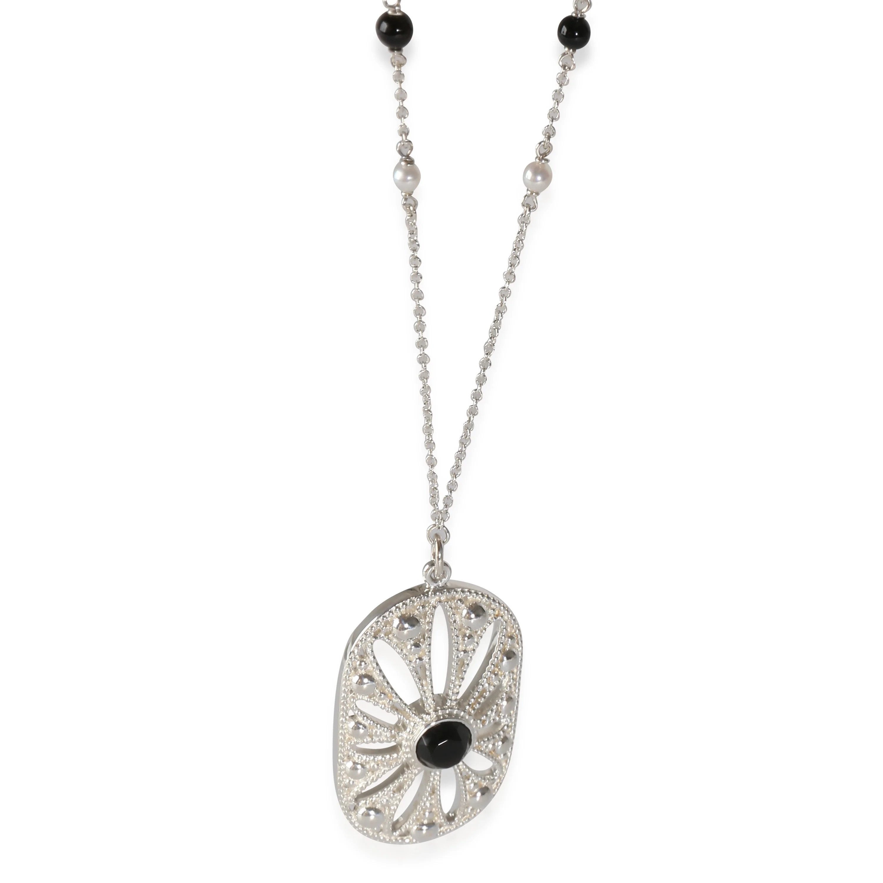 Sterling Silver Onyx and Pearl Ziegfeld Pendant Necklace