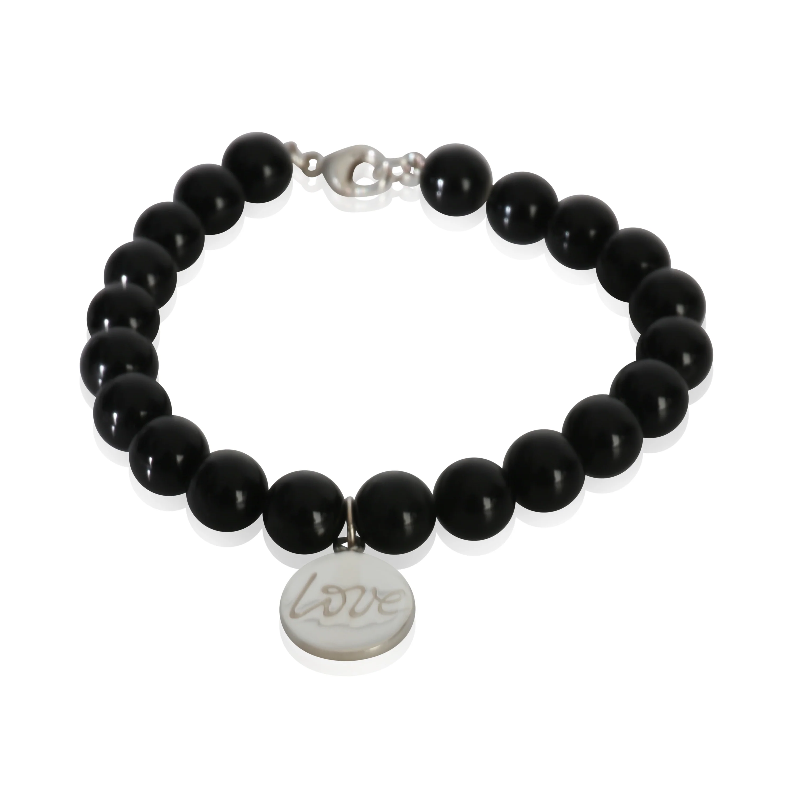 Sterling Silver  Onyx Bead Love Charm Bracelet