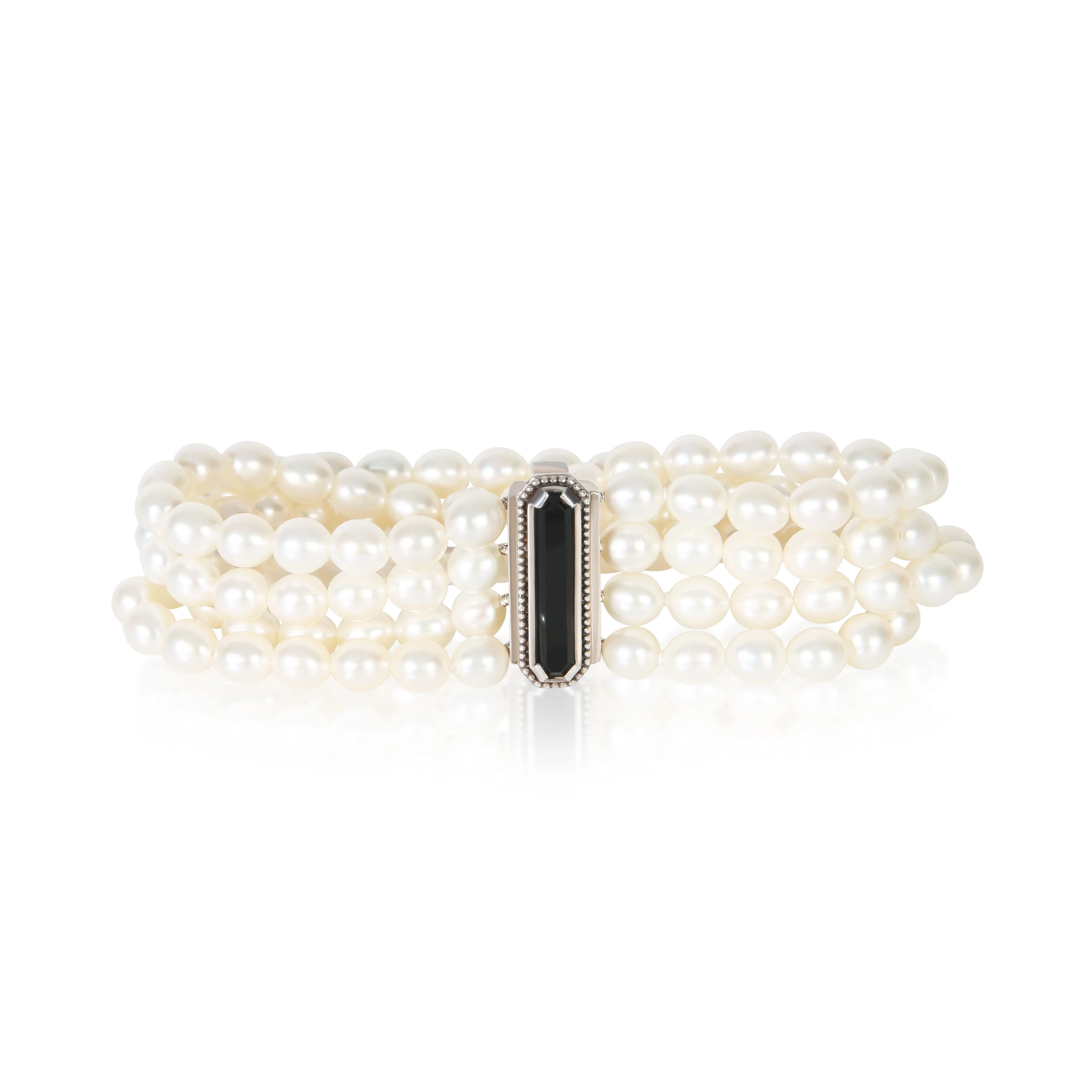 Sterling Silver Pearl and Onyx Ziegfeld 4 Strand Bracelet