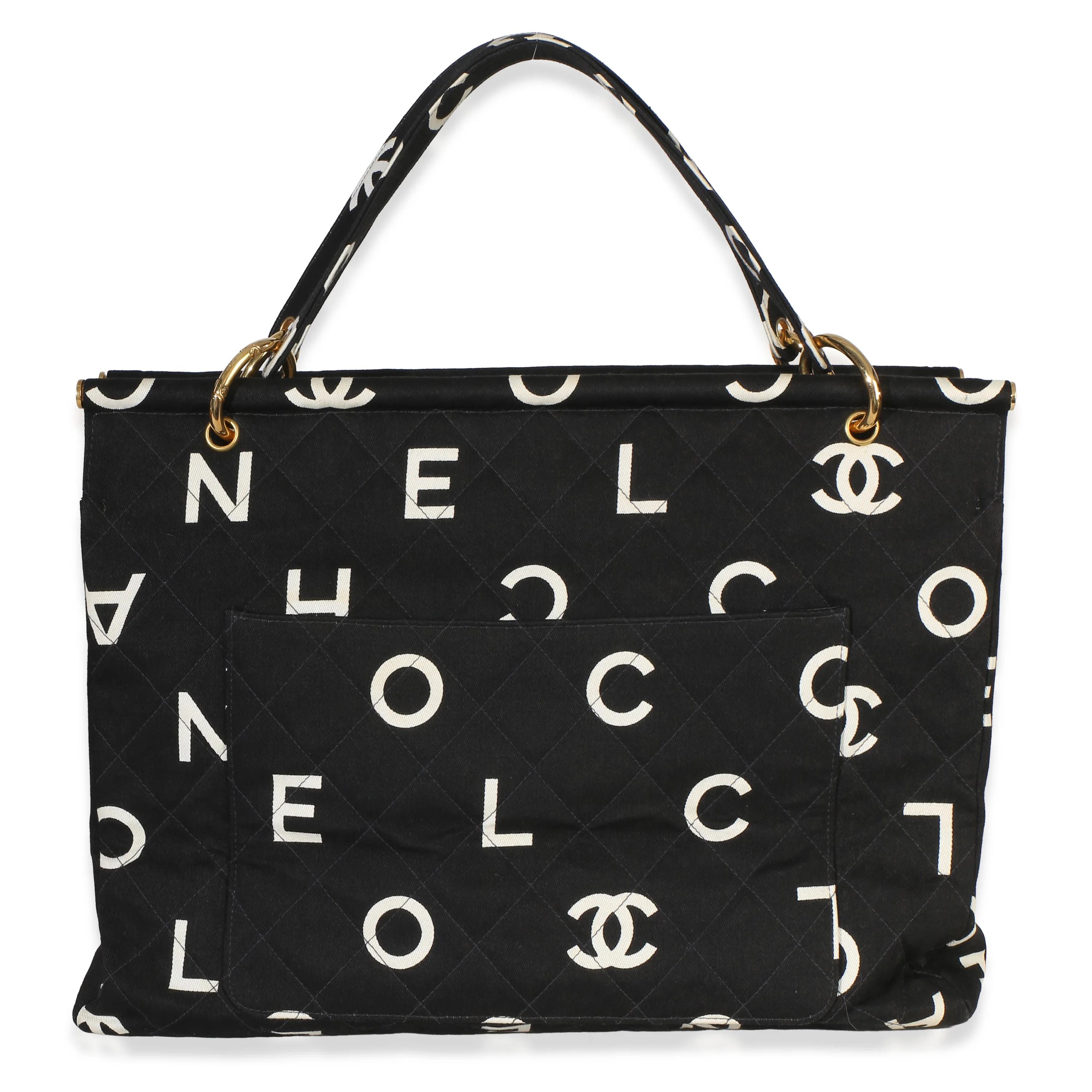 Vintage Black White Quilted Canvas Logo Tote