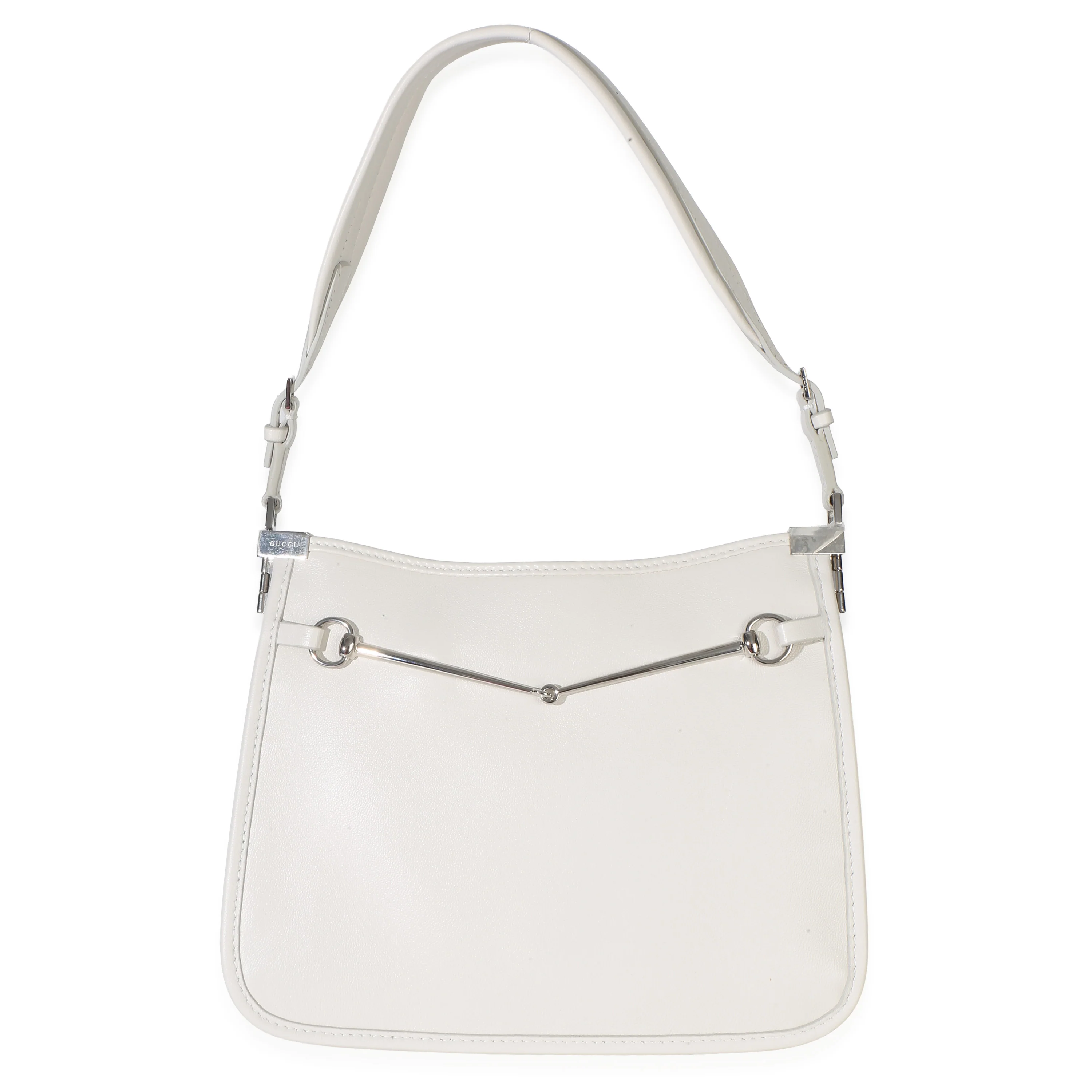 White Calfskin Horsebit Slim Shoulder Bag