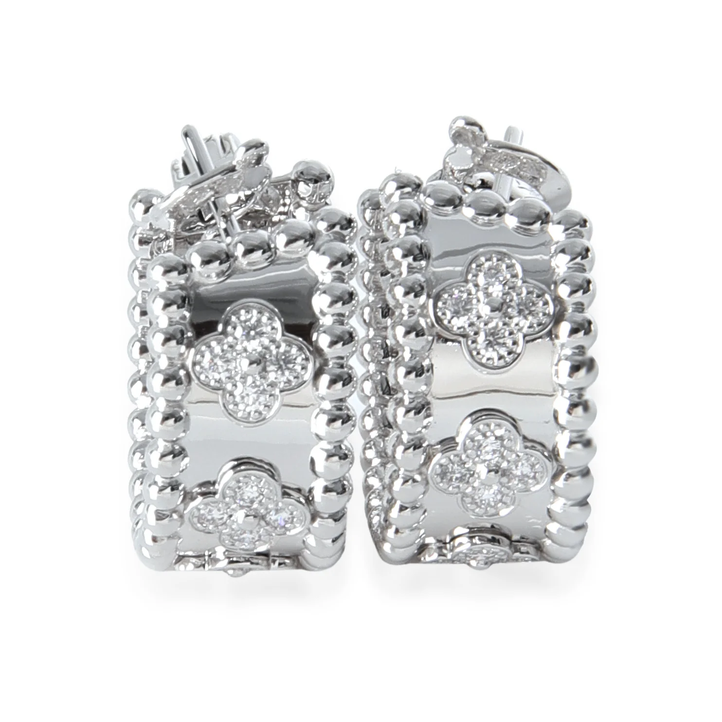 White Gold Diamond Perlee Clovers Hoop Earrings