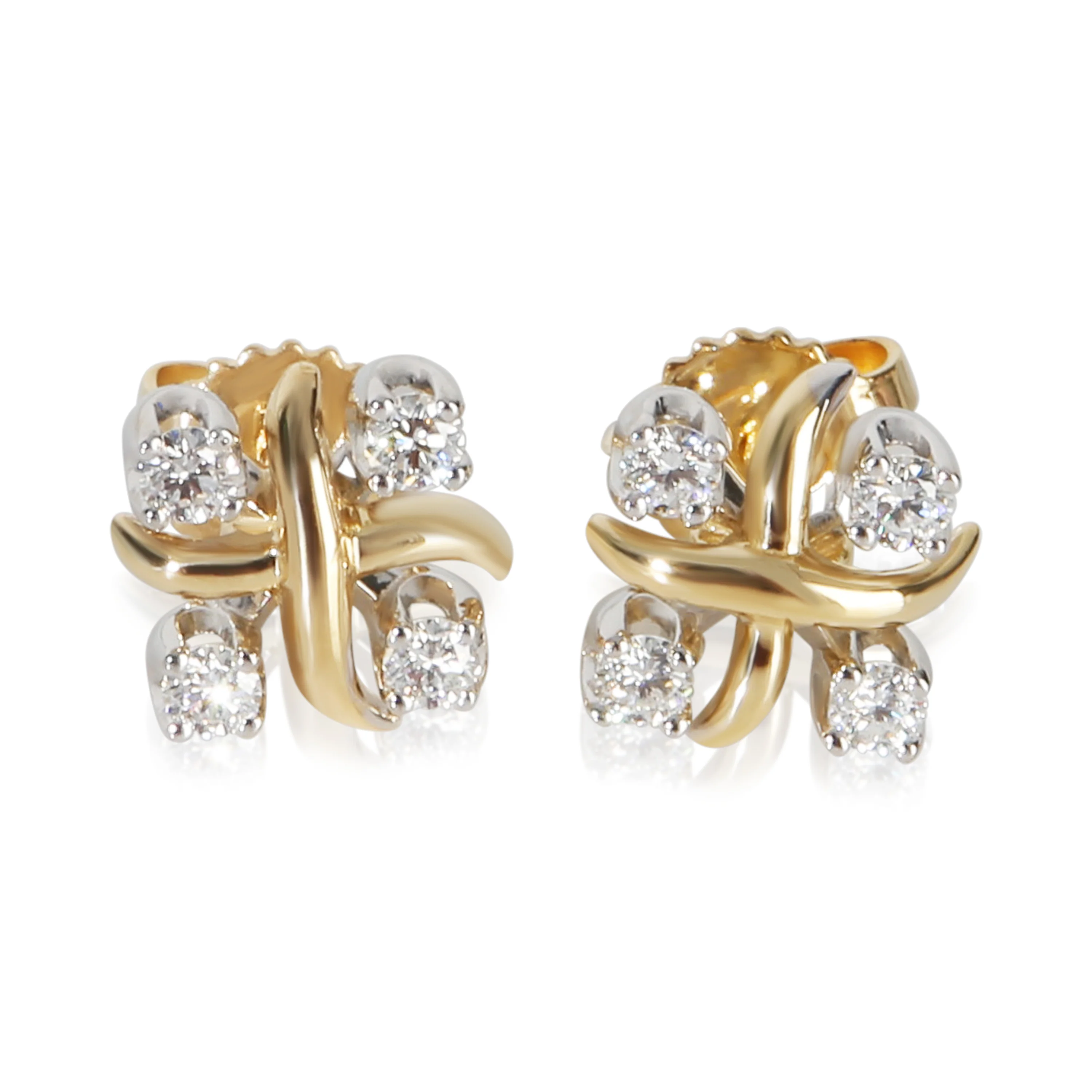 Yellow Gold & Platinum Diamond Sixteen Stone Earrings