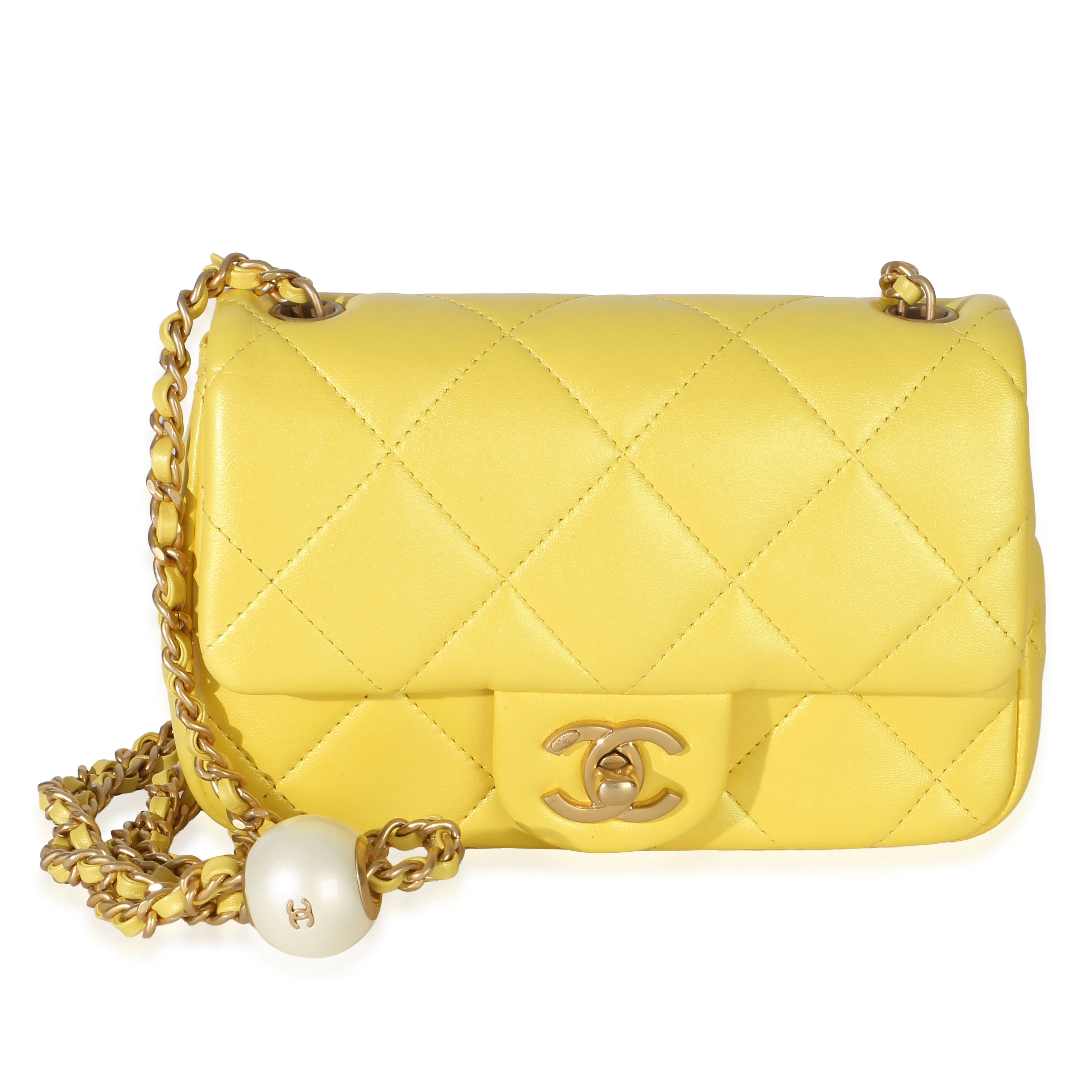 Yellow Iridescent Quilted Lambskin Pearl Chain Mini Rectangular Flap Bag
